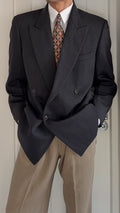 Valentino 1980s Peaked Lapel Double Breasted Wool Herringbone Grey Sport Jacket Blazer - Size L