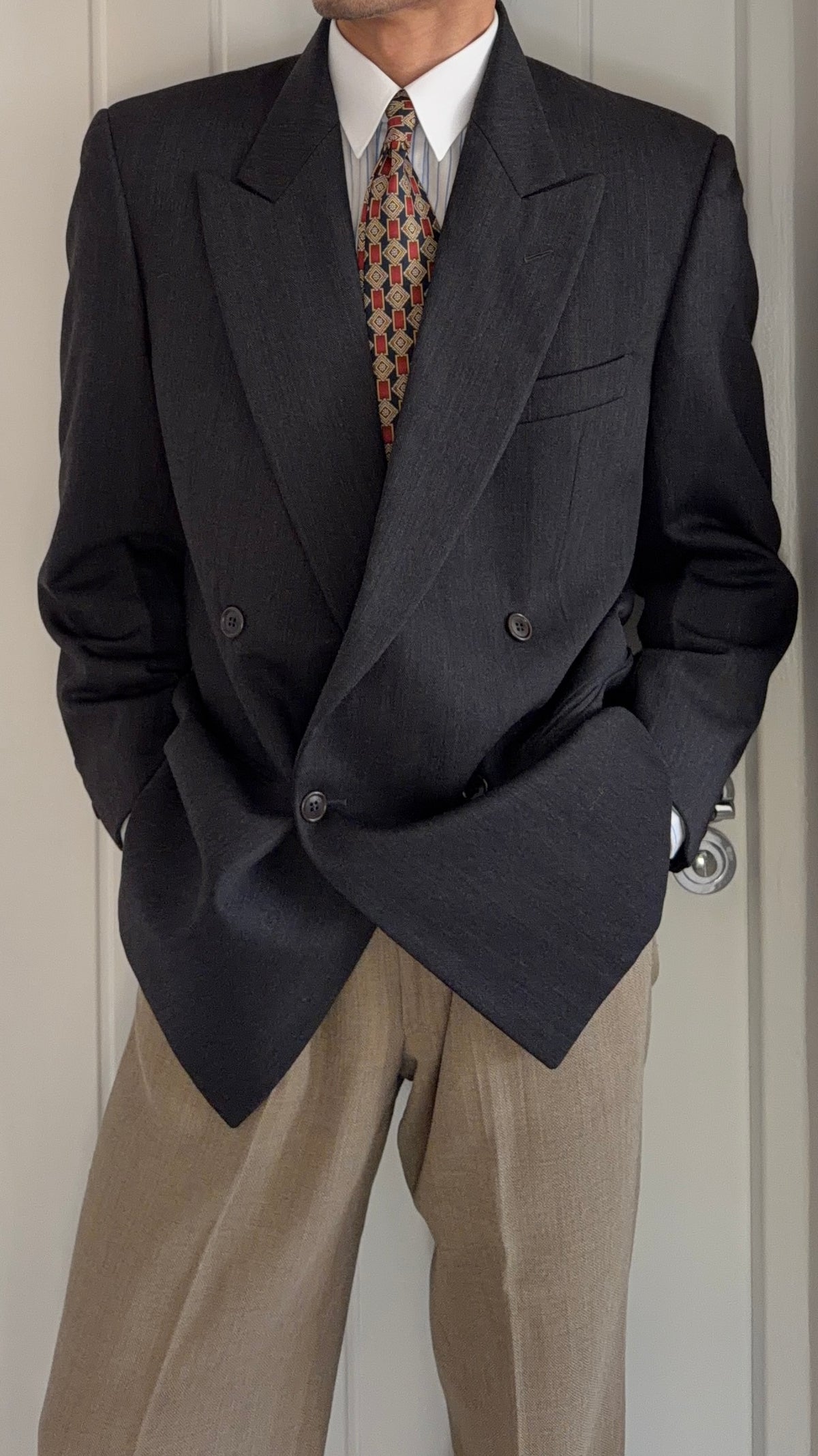 Valentino 1980s Peaked Lapel Double Breasted Wool Herringbone Grey Sport Jacket Blazer - Size L