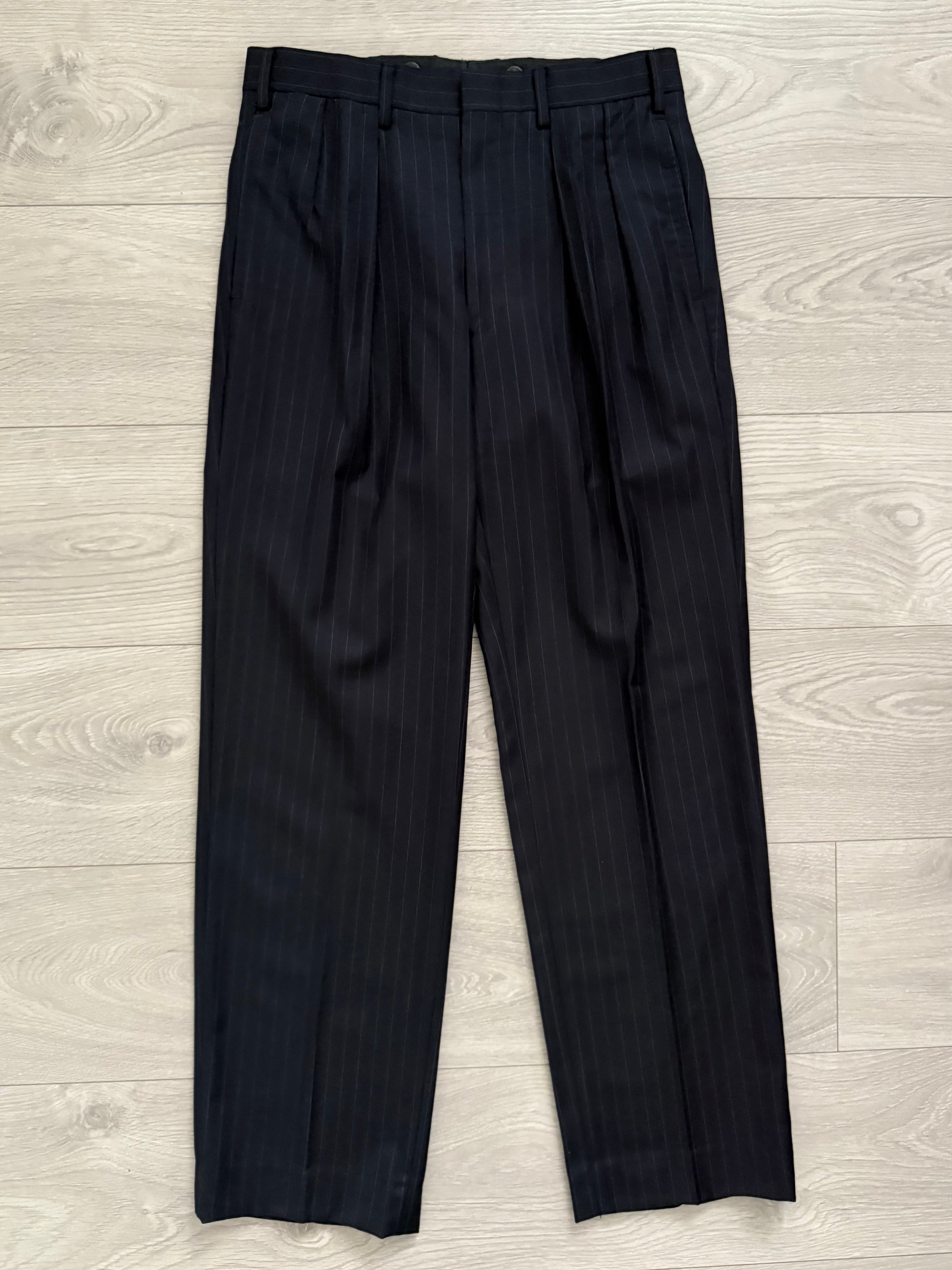 Yves Saint Laurent 1990s Double Breasted Pleated Striped Wool Navy Suit - Size M Jacket / 30" Waist