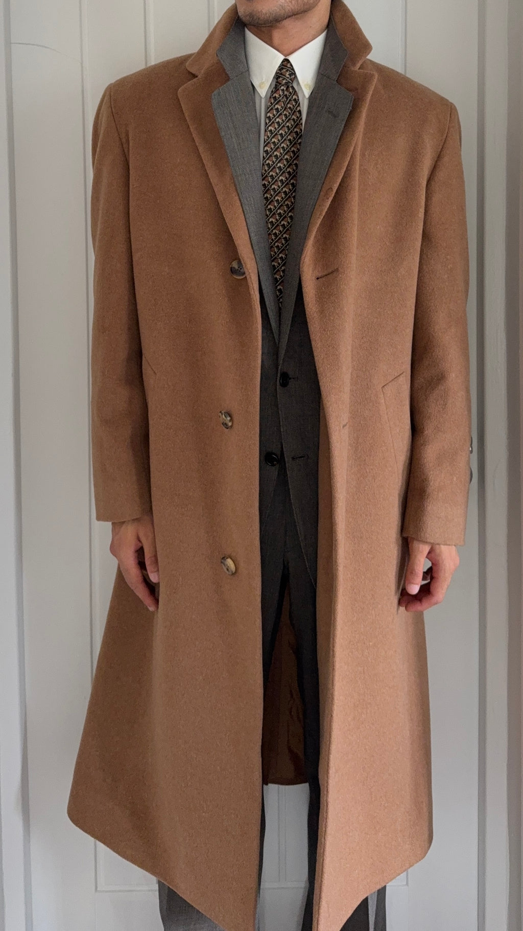 Hugo Boss 1980s Camel Brown Long Wool Overcoat Made in Italy - Size L