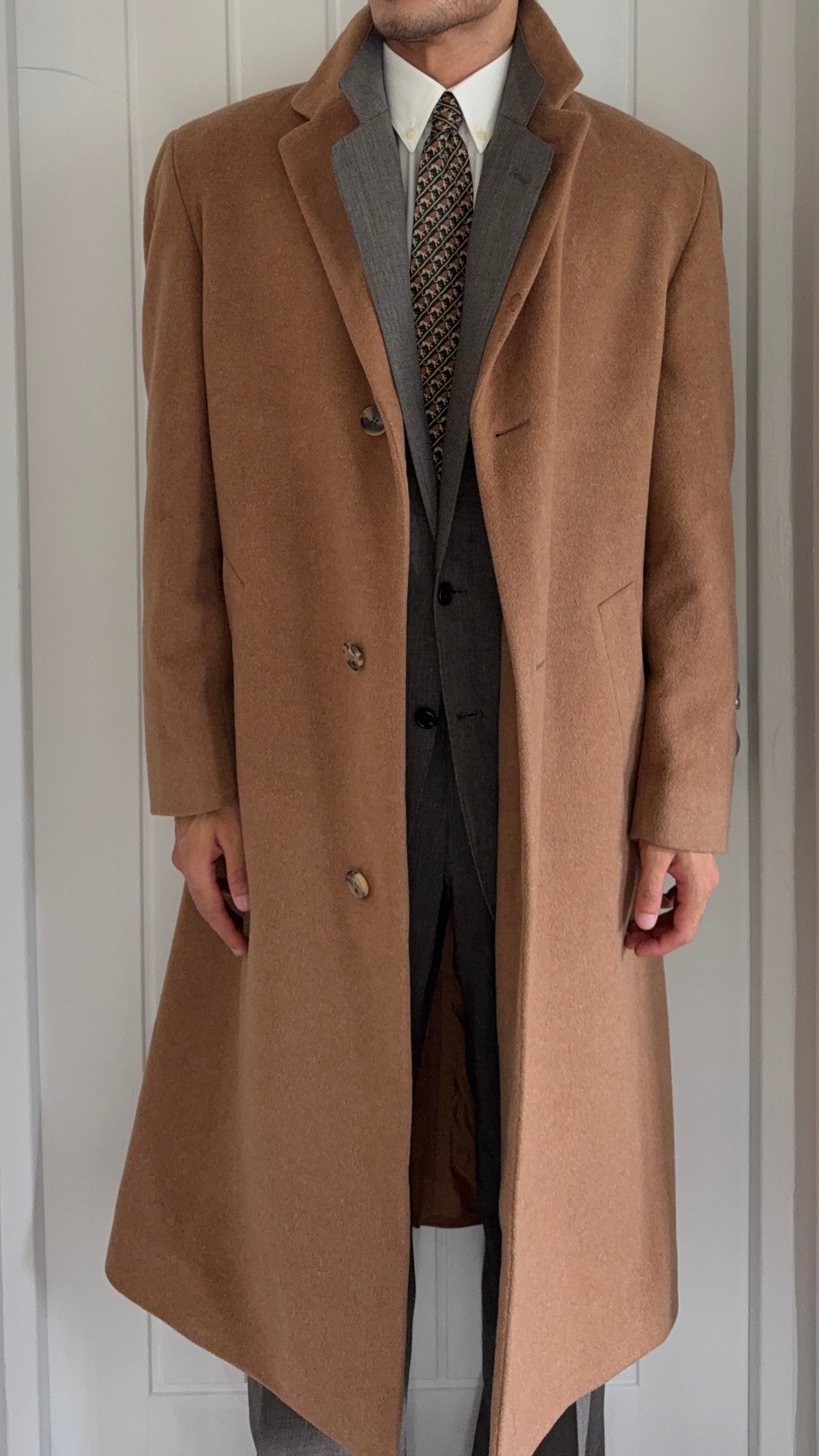 Hugo Boss 1980s Camel Brown Long Wool Overcoat Made in Italy - Size L