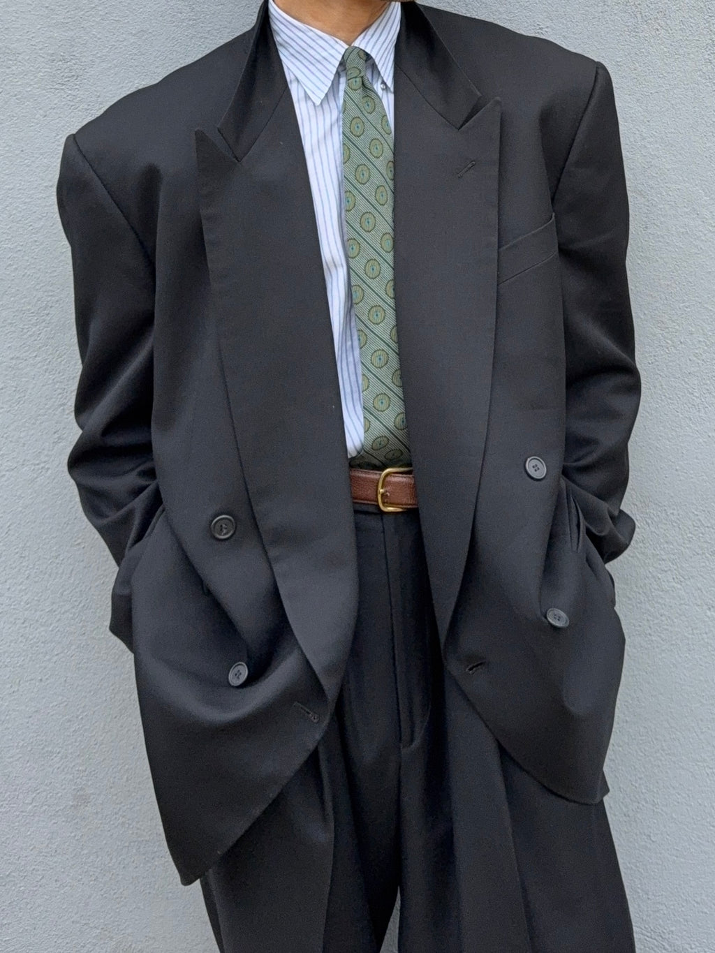 Giorgio Armani 1980s Peaked Lapel Double Breasted Pleated Black Suit - Size XXL Jacket / 44" Waist
