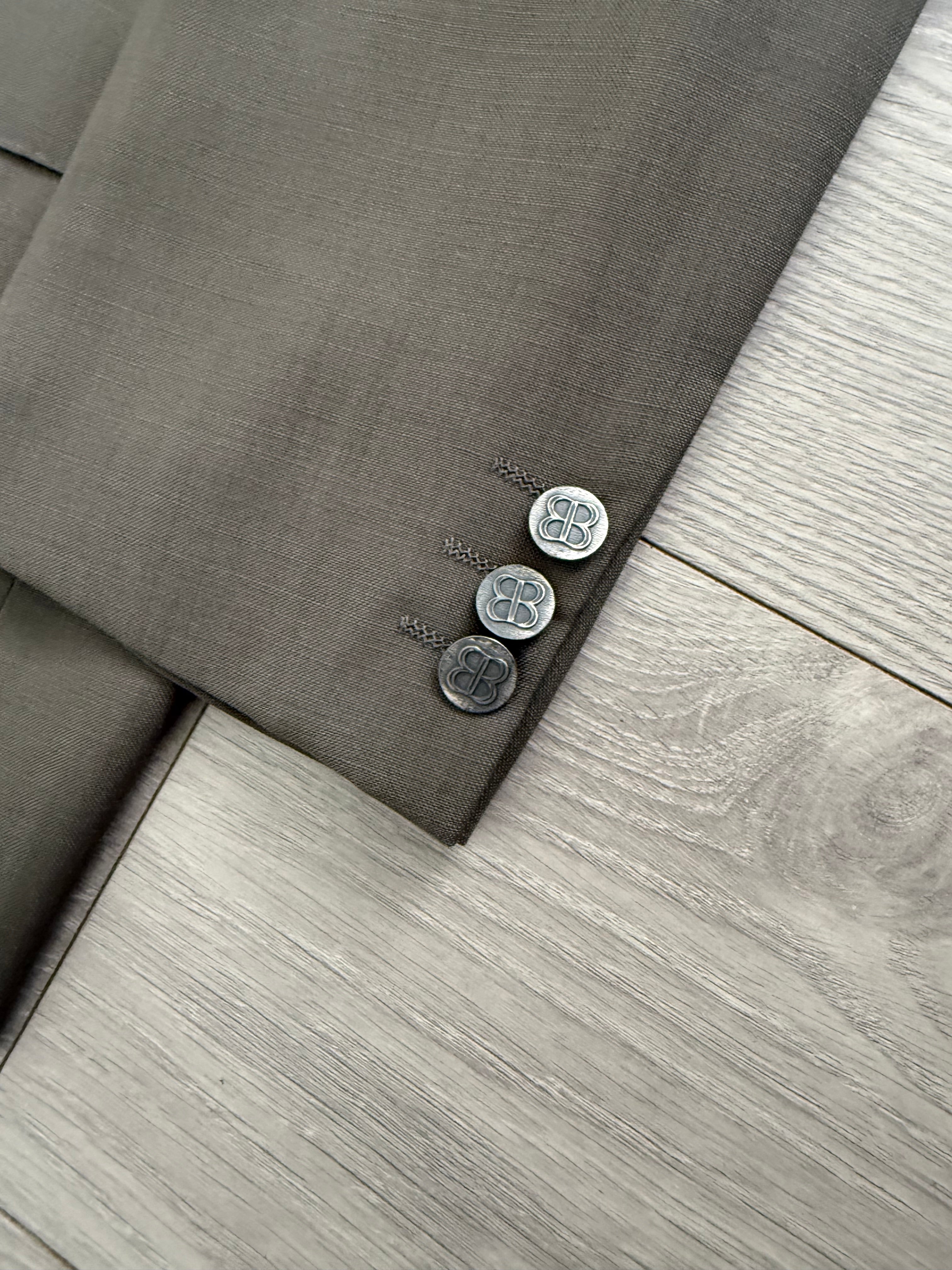 Balenciaga 1990s Peaked Lapel Double Breasted Metal Button Wool Khaki Suit - Size M Jacket / 36" Waist