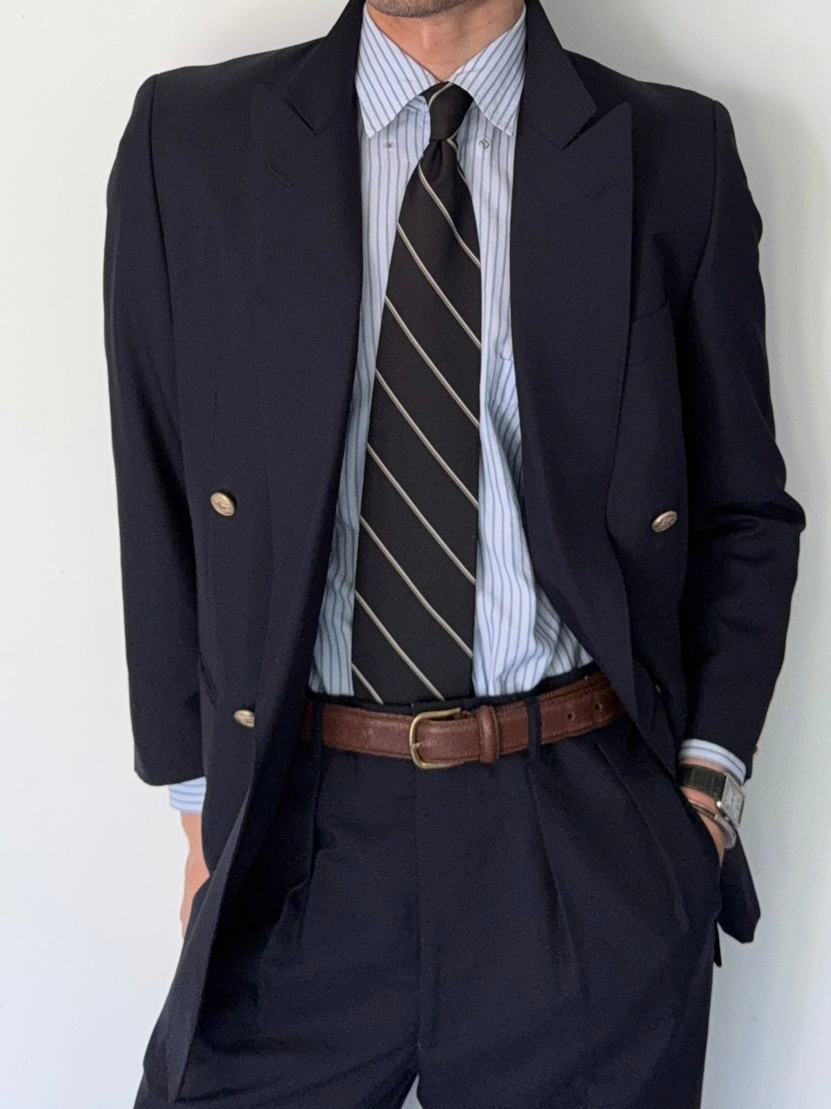 Burberry 1980s Peaked Lapel Double Breasted Pleated Wool Suit Navy - Size S Jacket / 32" Waist
