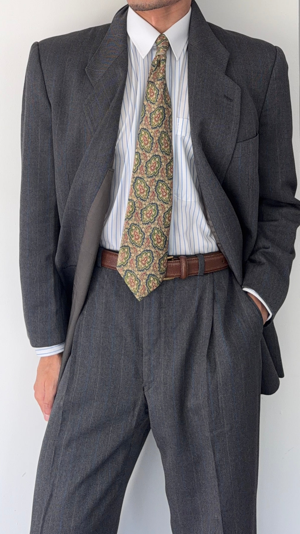 Giorgio Armani Mani 1980s Peaked Lapel Double Breasted Wool Suit Grey - Size L Jacket / 33" Waist