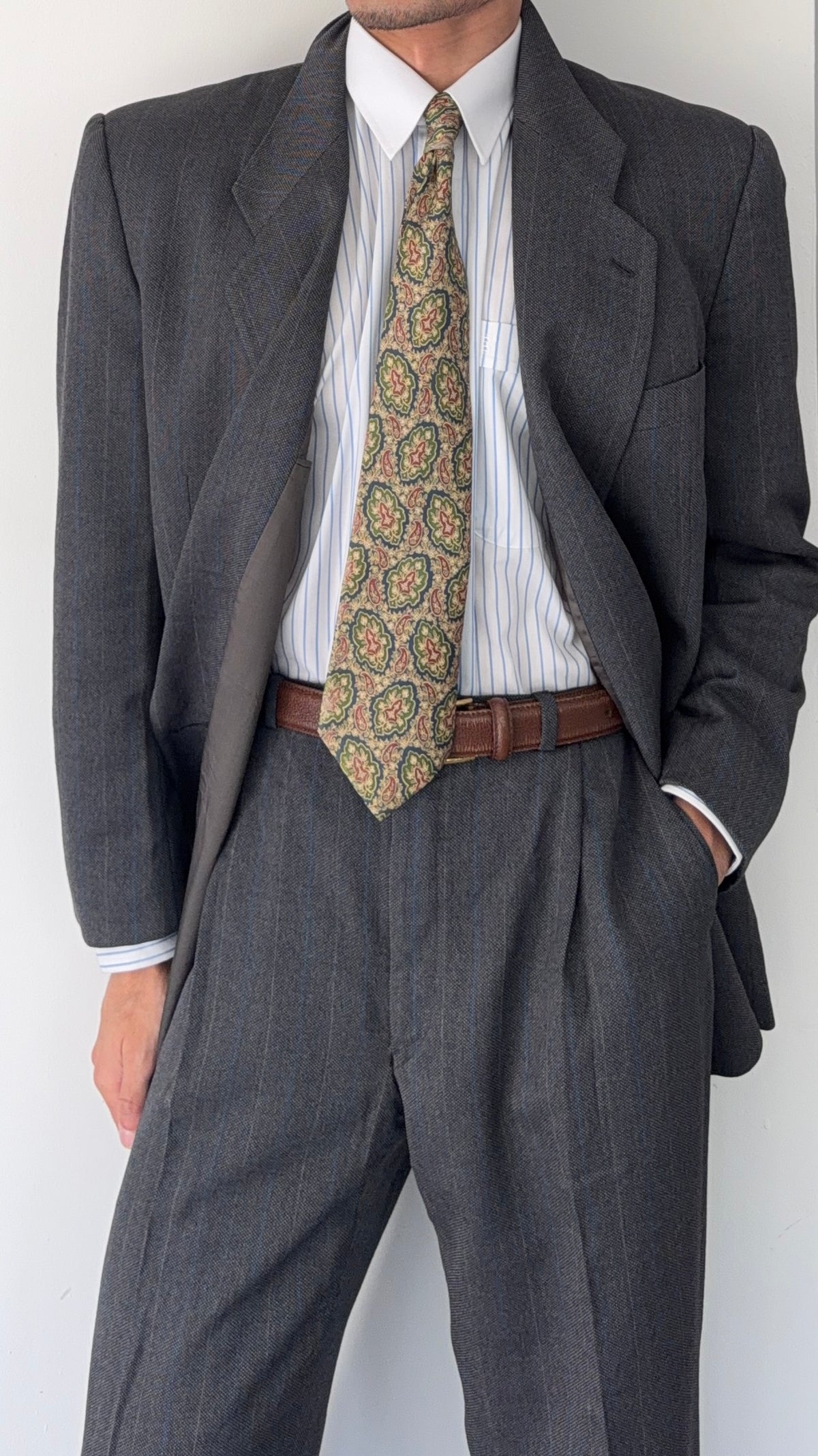 Giorgio Armani Mani 1980s Peaked Lapel Double Breasted Wool Suit Grey - Size L Jacket / 33" Waist