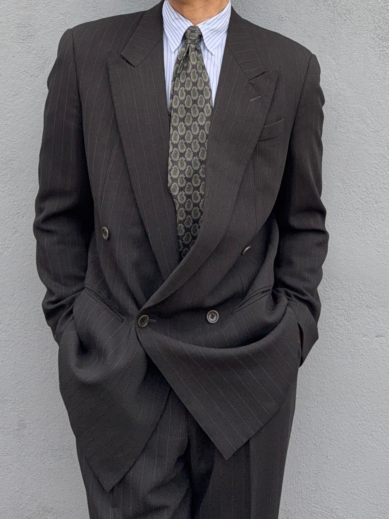 Armani 1990s Double Breasted Pleated Wool Striped Suit - Size M Jacket / 32" Waist