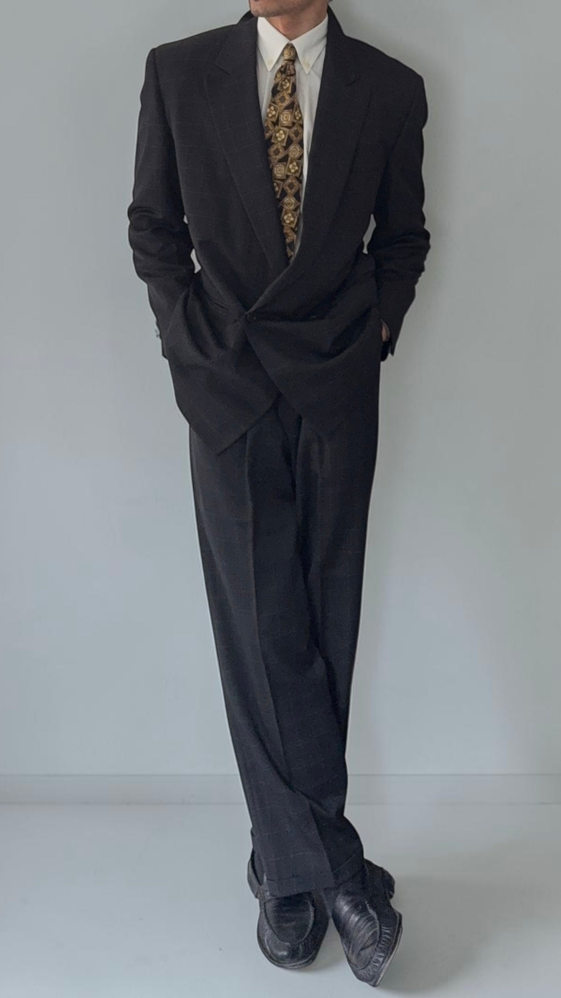 Versace 1980s Notch Lapel Double Breasted Pleated Wool Check Suit Black - Size M Jacket / 32" Waist