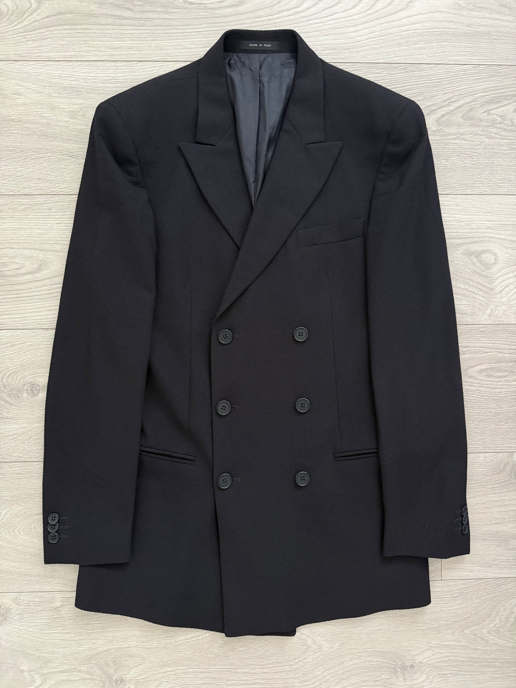 Emporio Armani 1990s 6B Peaked Lapel Double Breasted Herringbone Wool Suit Navy - Size S Jacket / 30" Waist