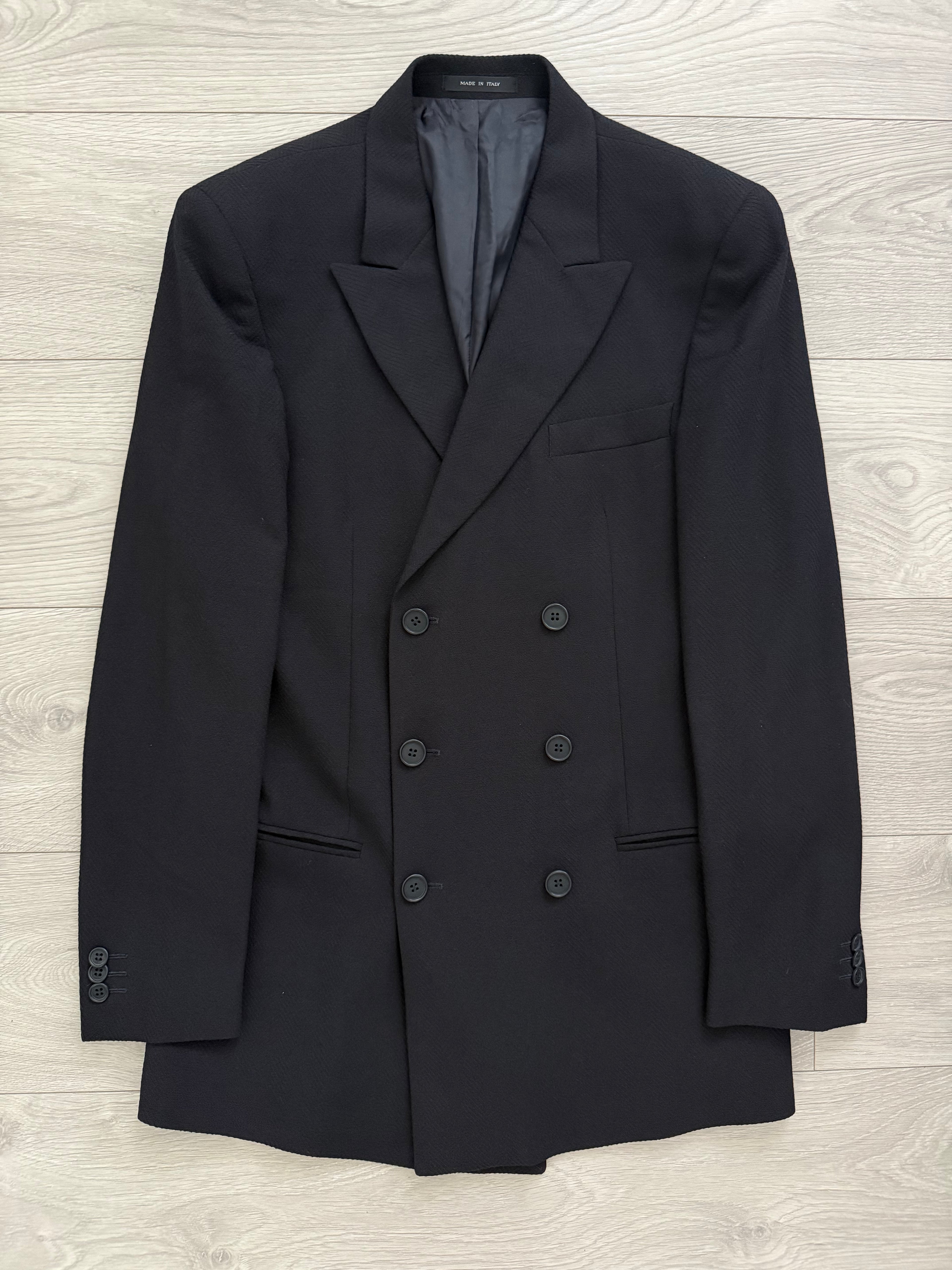 Emporio Armani 1990s 6B Peaked Lapel Double Breasted Herringbone Wool Suit Navy - Size S Jacket / 30" Waist