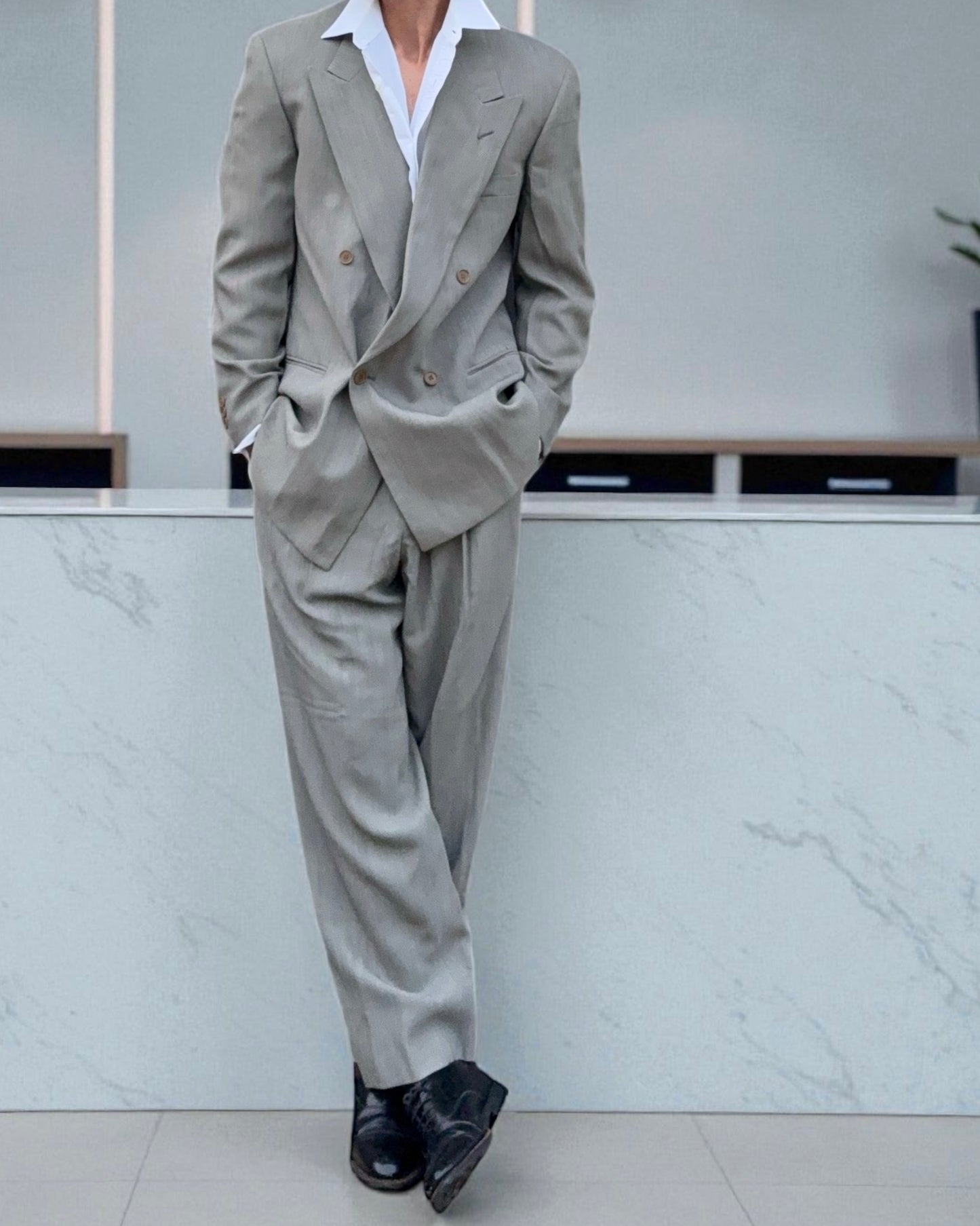 Emporio Armani 1990s Double-Breasted Wool Grey Suit - Size M Jacket / 30" Waist