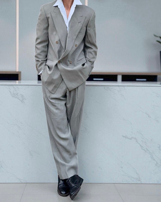 Emporio Armani 1990s Double-Breasted Wool Grey Suit - Size M Jacket / 30" Waist