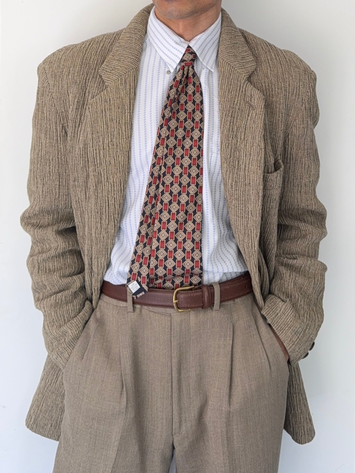 Emporio Armani 1990s 3D 'Tree Bark' Textured Wool Rayon Sports Jacket Blazer - Size L