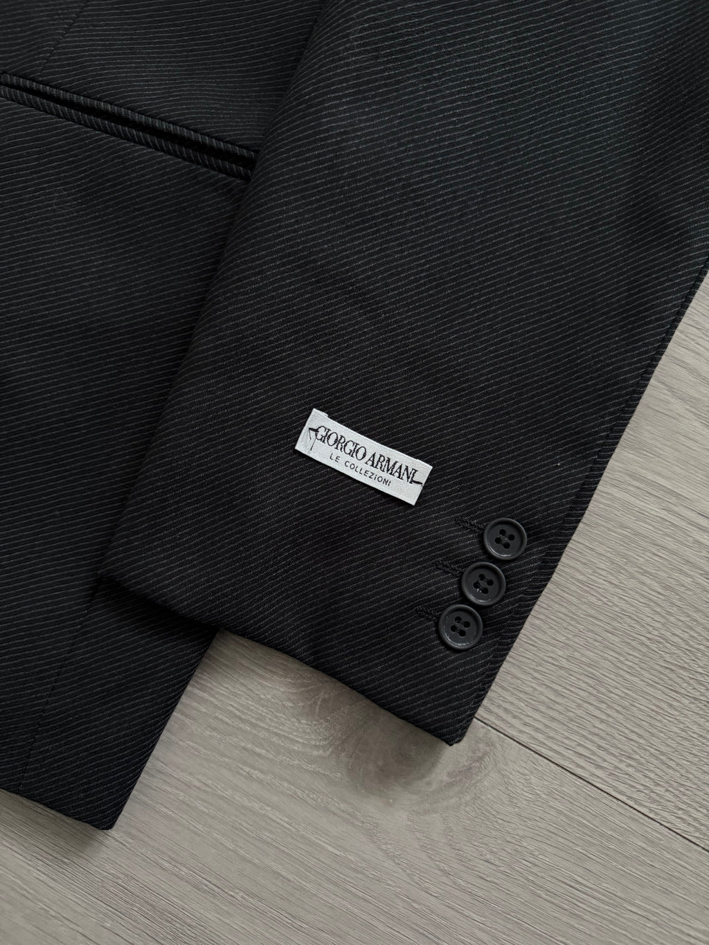 Giorgio Armani 1980s Double Breasted Pleated Wool Suit Black/Grey New - Size L Jacket / 32" Waist