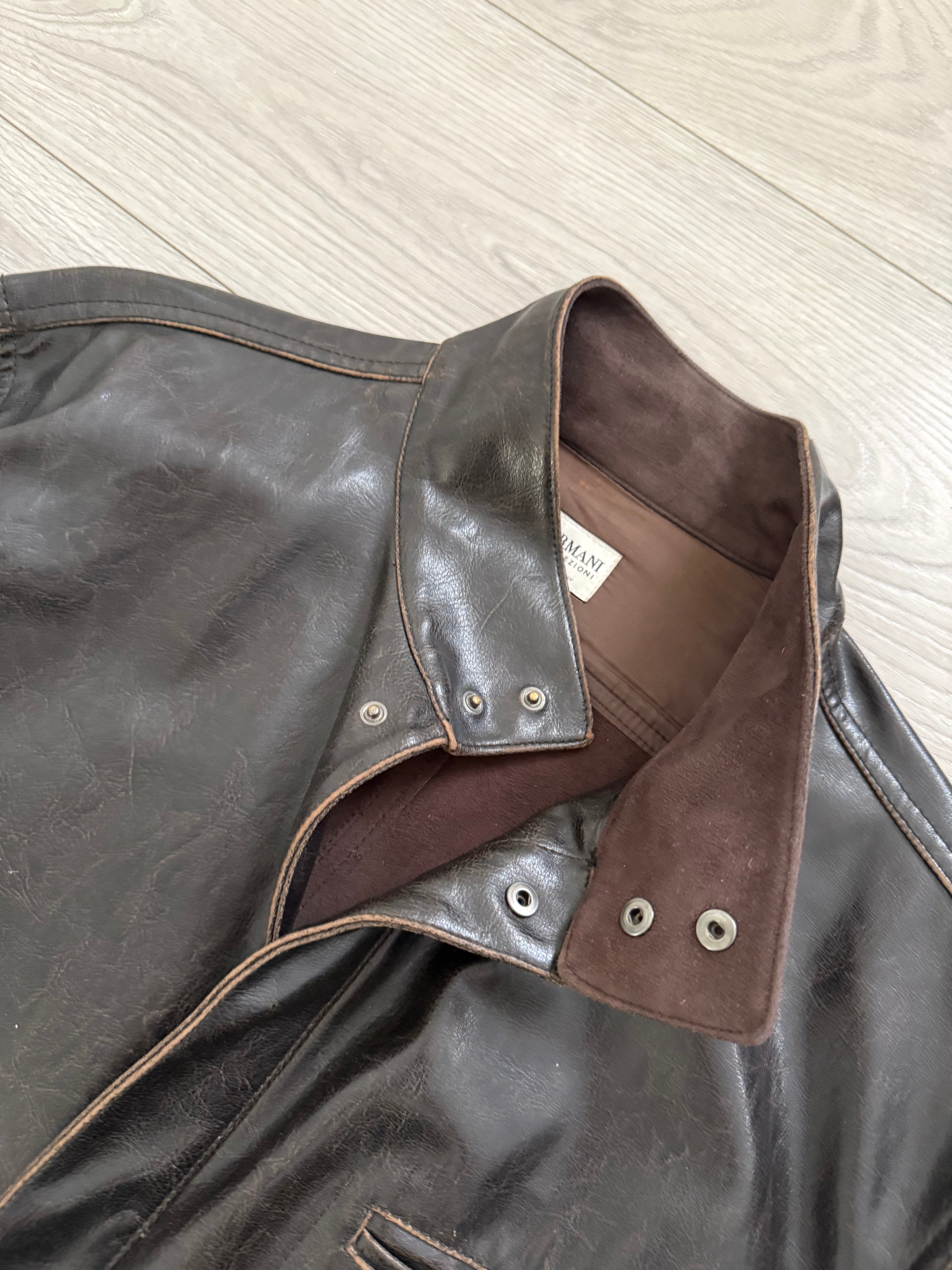 Armani 2004 Aged Leather Effect Snap-Front Jacket - Size XL
