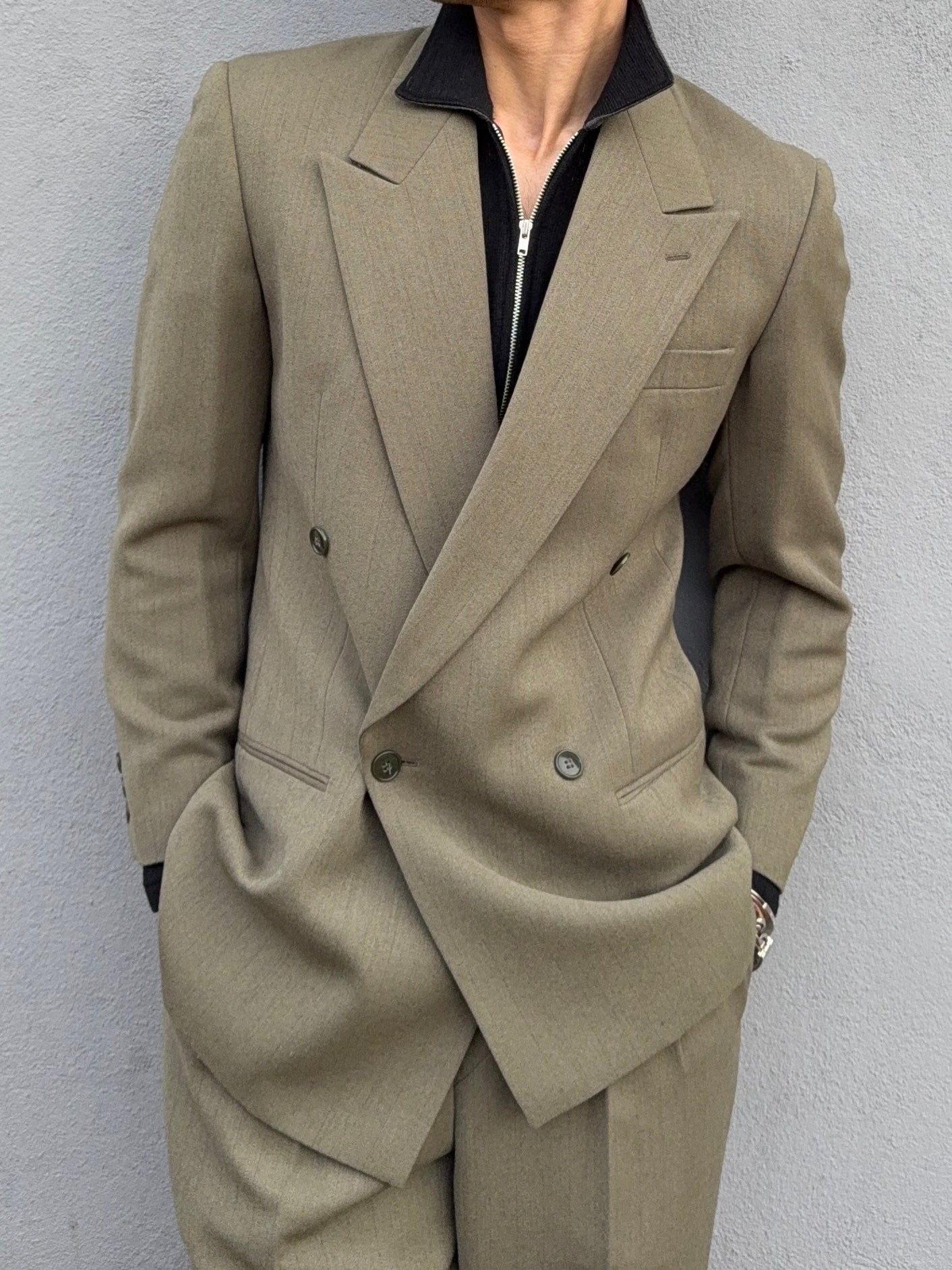 Giorgio Armani 1980s Double Breasted Pleated Wool Suit Sand Taupe - Size S Jacket / 28" Waist
