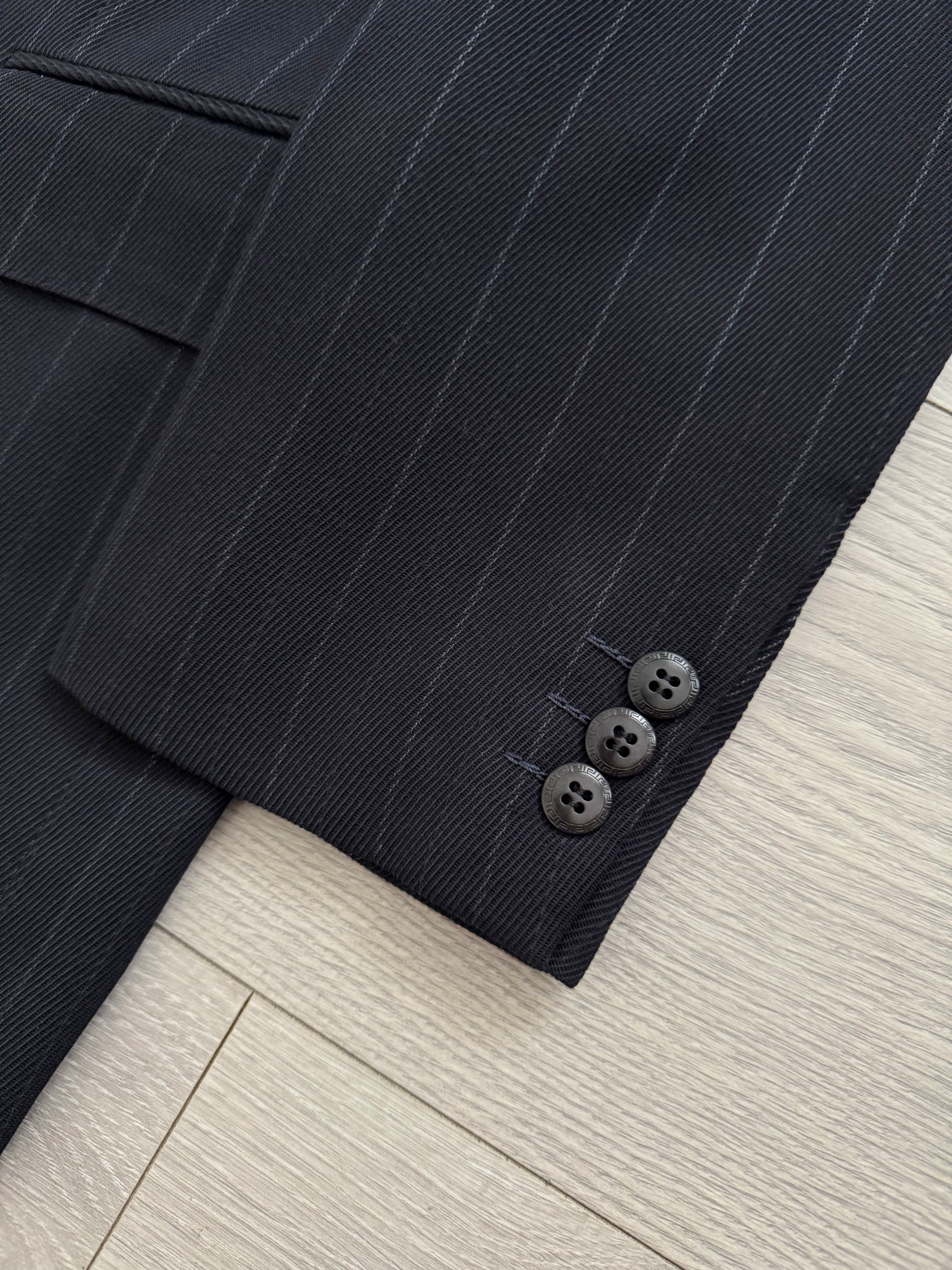 Versace 1980s Notch Lapel Double Breasted Pleated Wool Striped Suit - Size S Jacket / 32" Waist