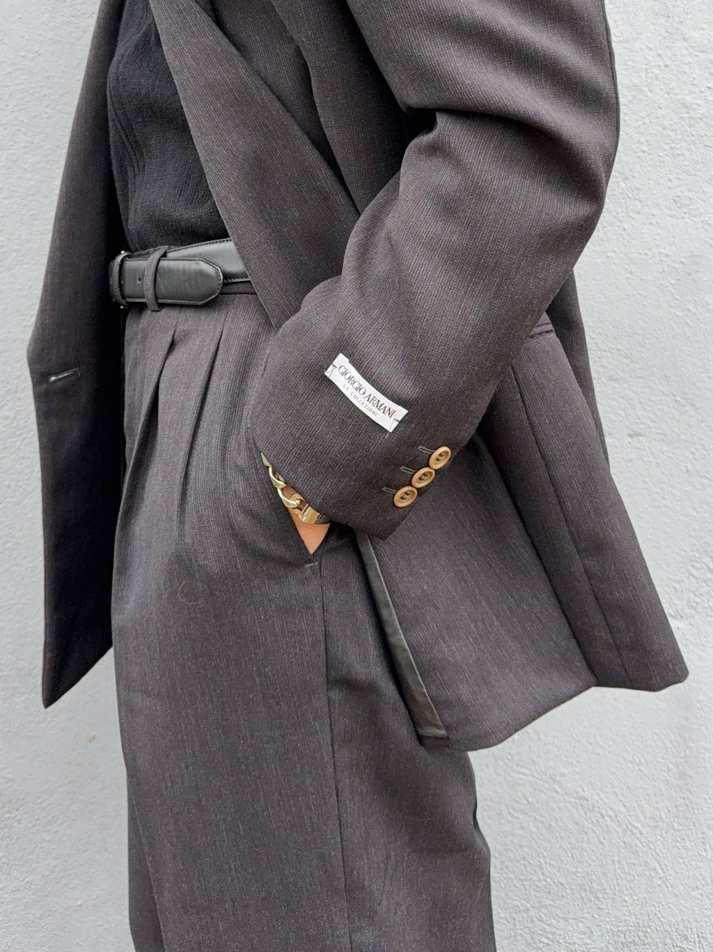 Giorgio Armani 1980s Double Breasted Pleated Wool Suit Espresso Charcoal New - Size L Jacket / 32" Waist