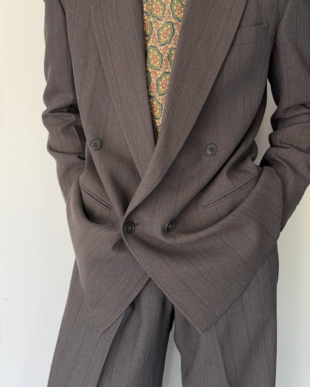 Giorgio Armani 1980s Peaked Lapel Double Breasted Textured Wool Pleated Suit - Size L Jacket / 36" Waist