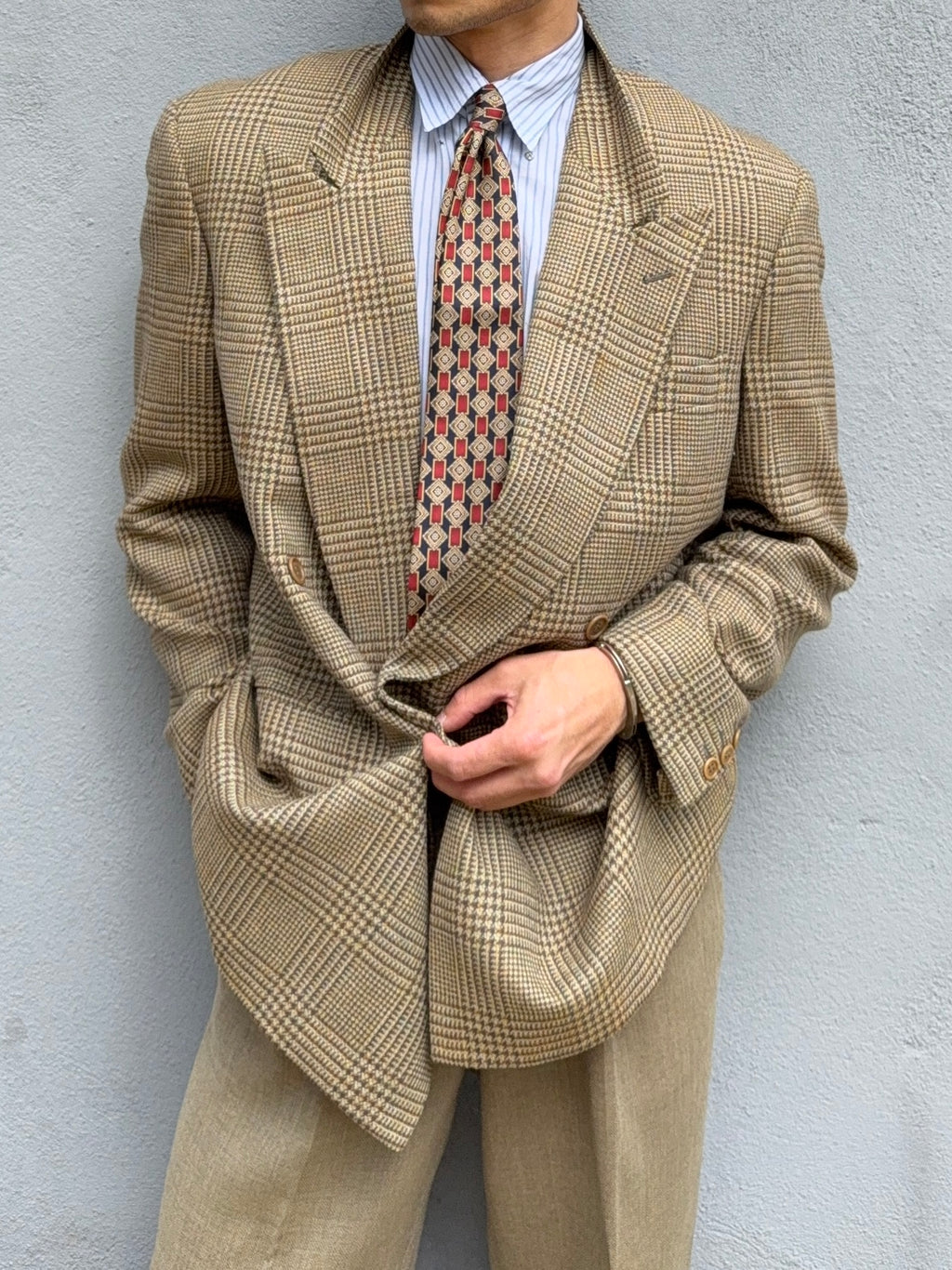 Valentino 1980s Peaked Lapel Double Breasted Textured Wool Sports Blazer Jacket - Size L