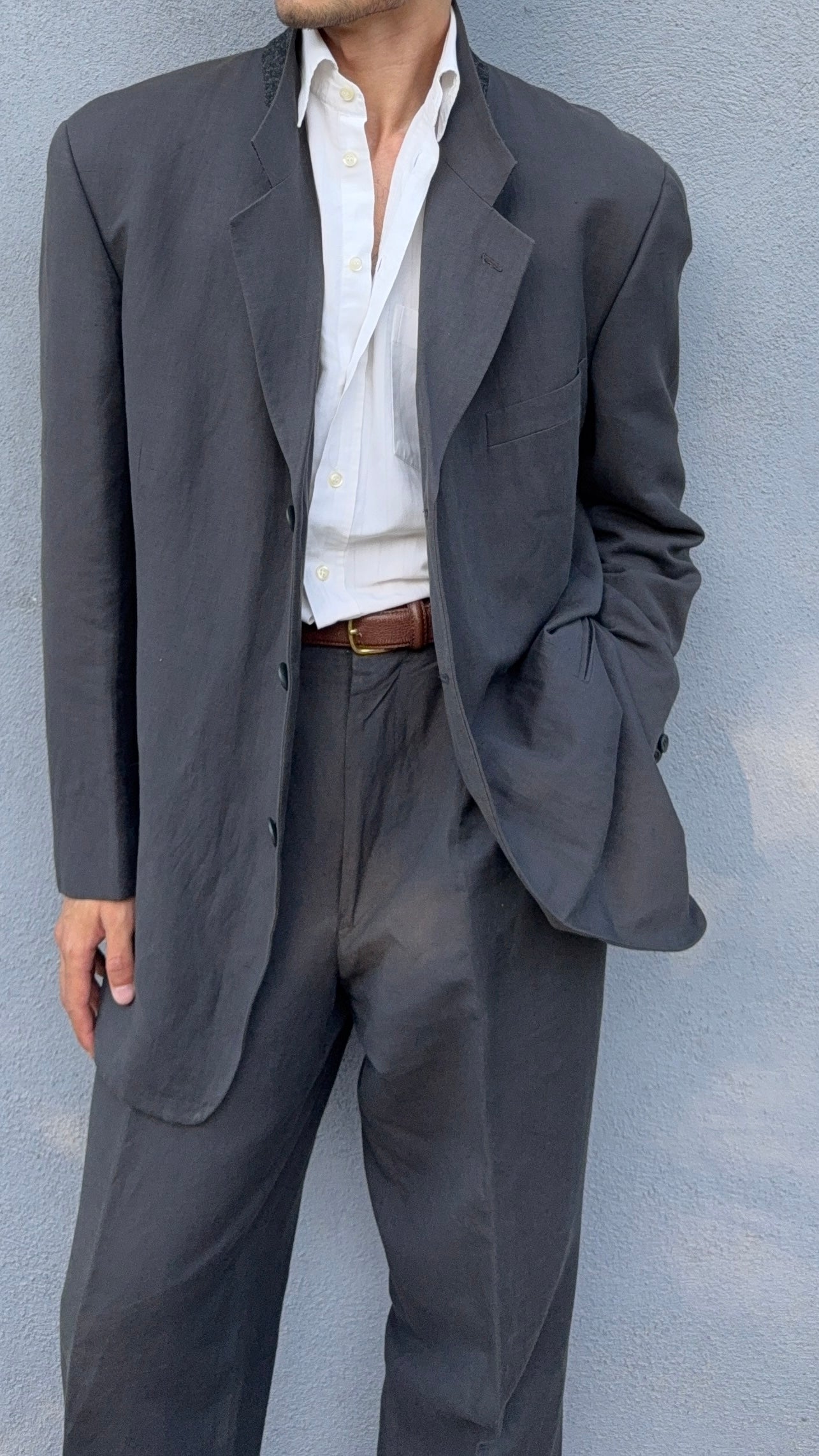 Giorgio Armani 1980s 3B Linen Blend Suit Charcoal - Size XXL Jacket / 36" Waist