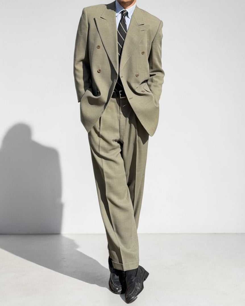 Valentino 1980s 6B Double Breasted Wool Power Suit in Taupe Olive - Size M Jacket / 32" Waist