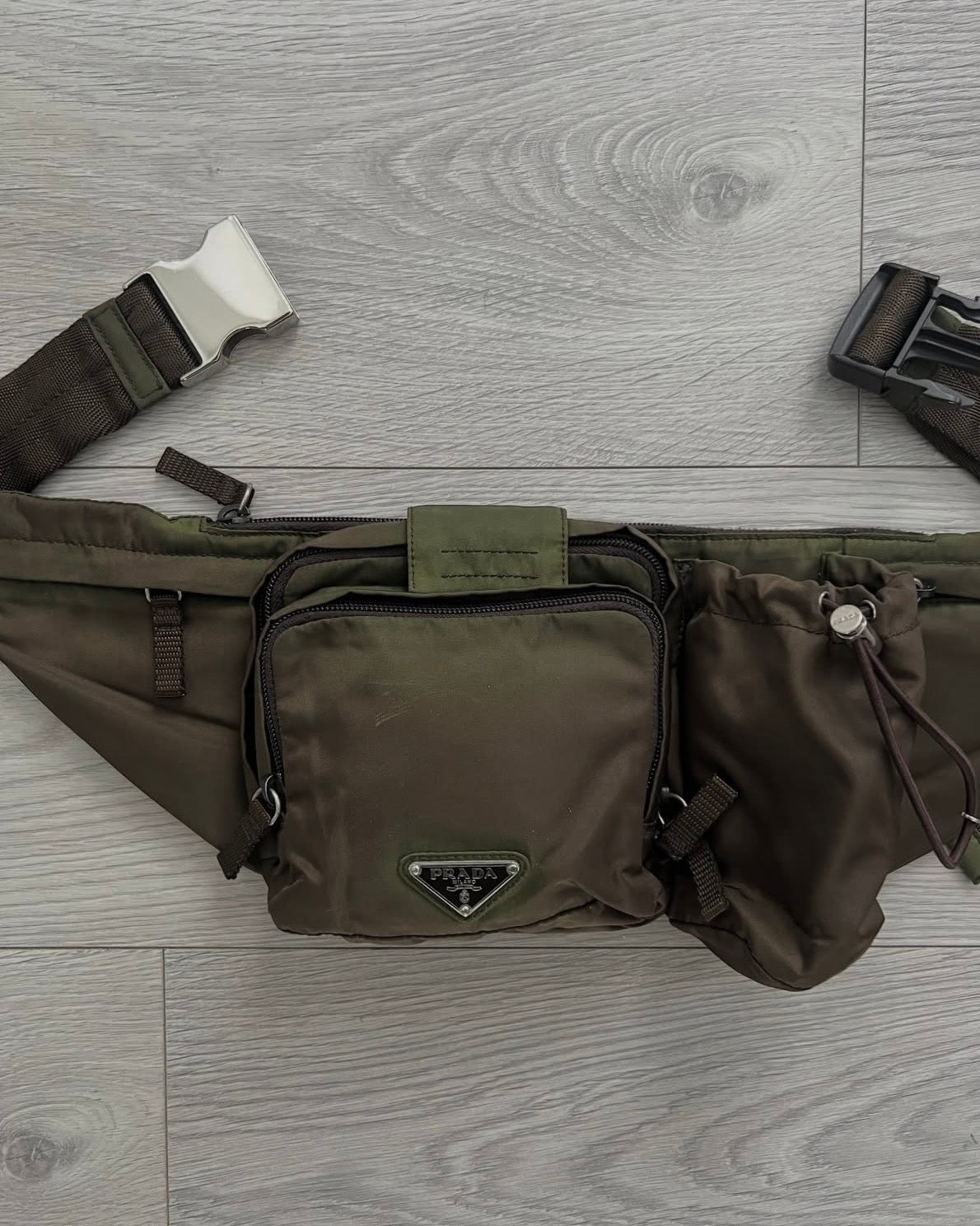 Prada Vela Nylon Metal Plaque Multi-Pocket Waist Crossbody Bag