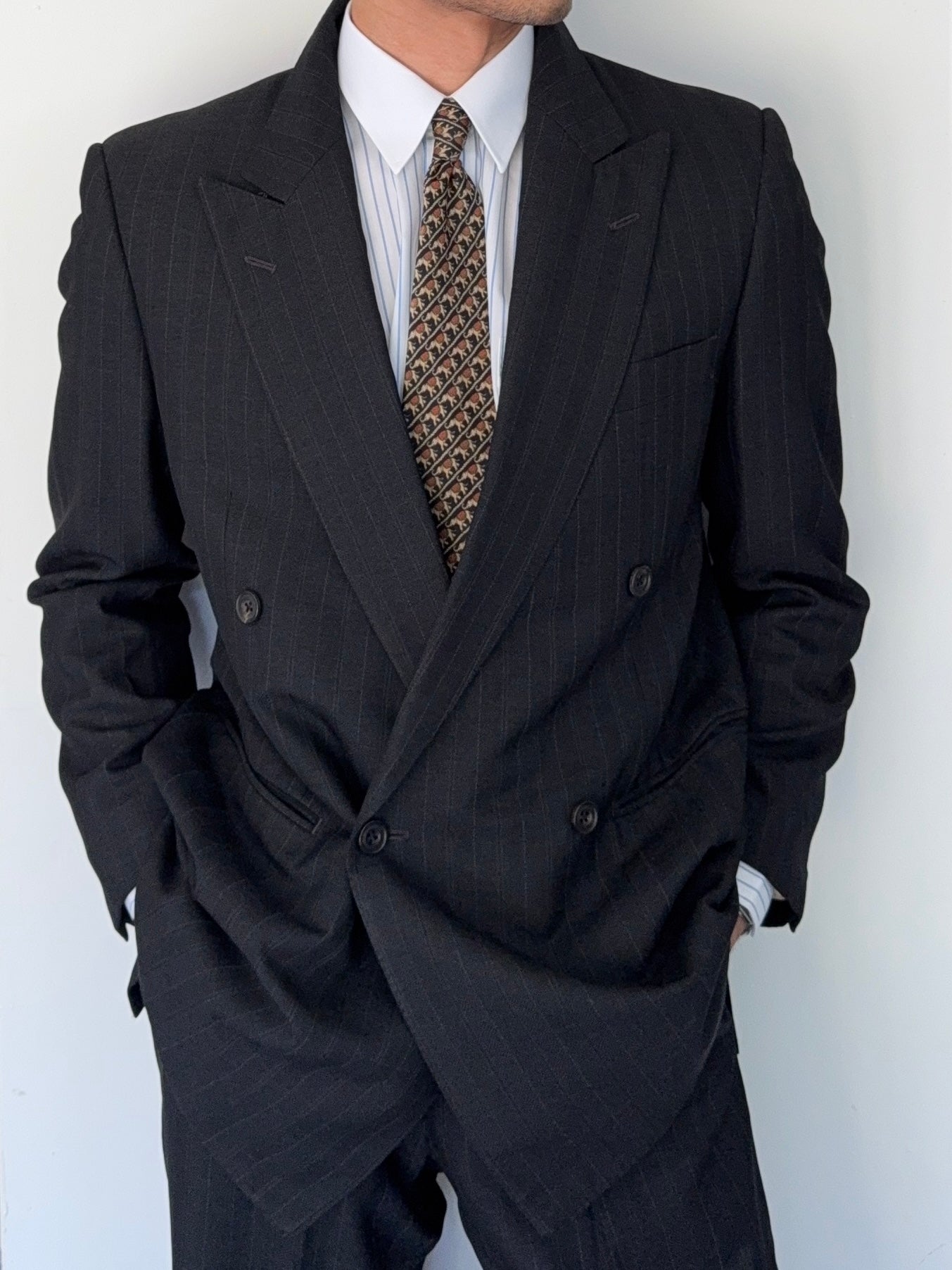Burberry 1990s Peak Lapel Double Breasted Pleated Black Grey Suit - Size M Jacket / 32" Waist