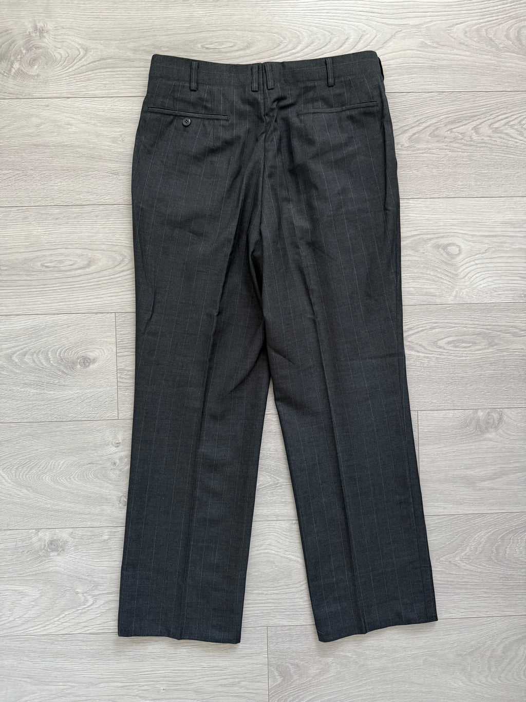 Yves Saint Laurent 1990s Double-Breasted Pleated Striped Grey Wool Suit - Size L Jacket / 32" Waist
