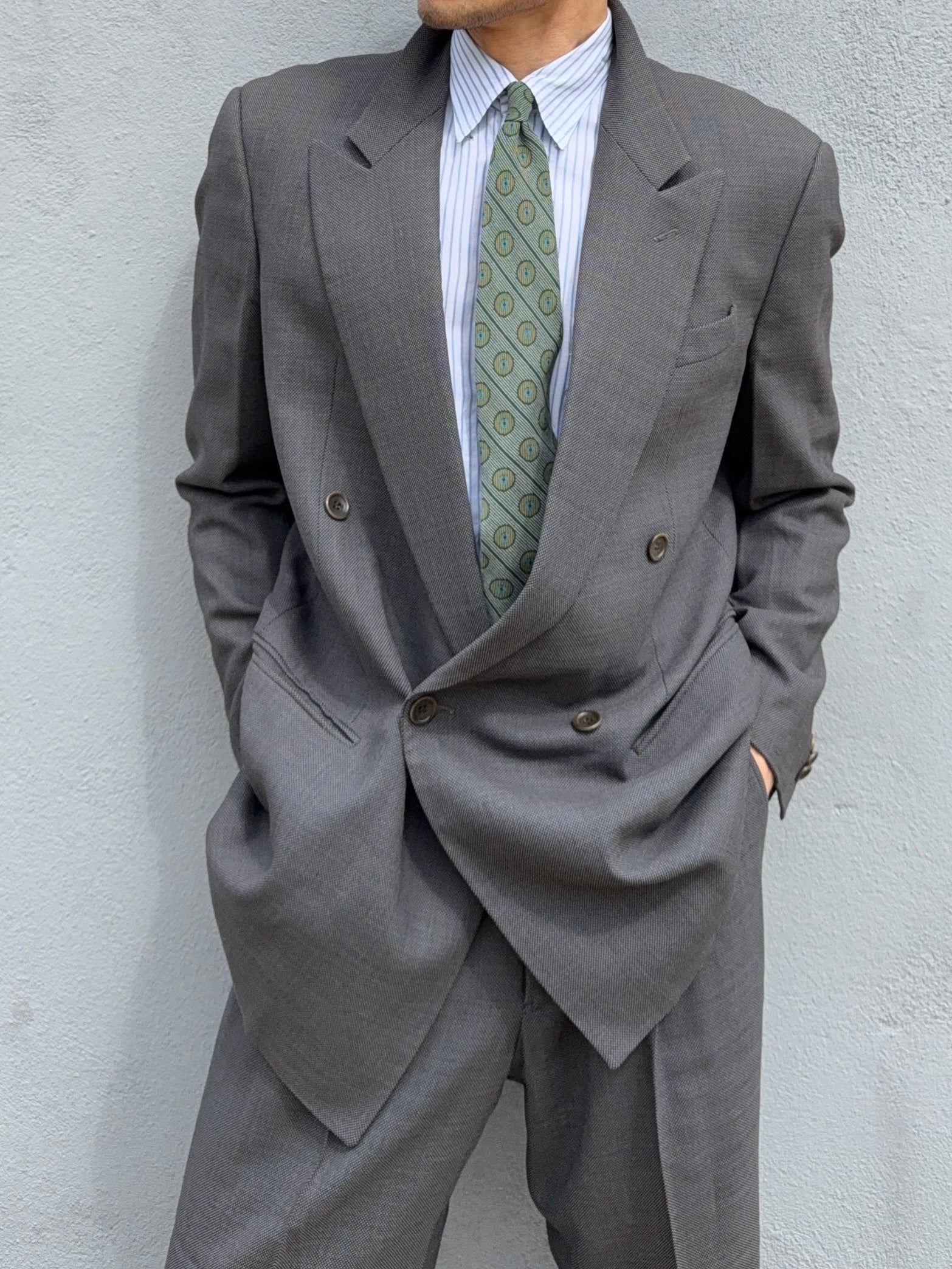 Armani 1990s Peaked Lapel Double Breasted Pleated Wool Grey Suit - Size L Jacket / 34" Waist