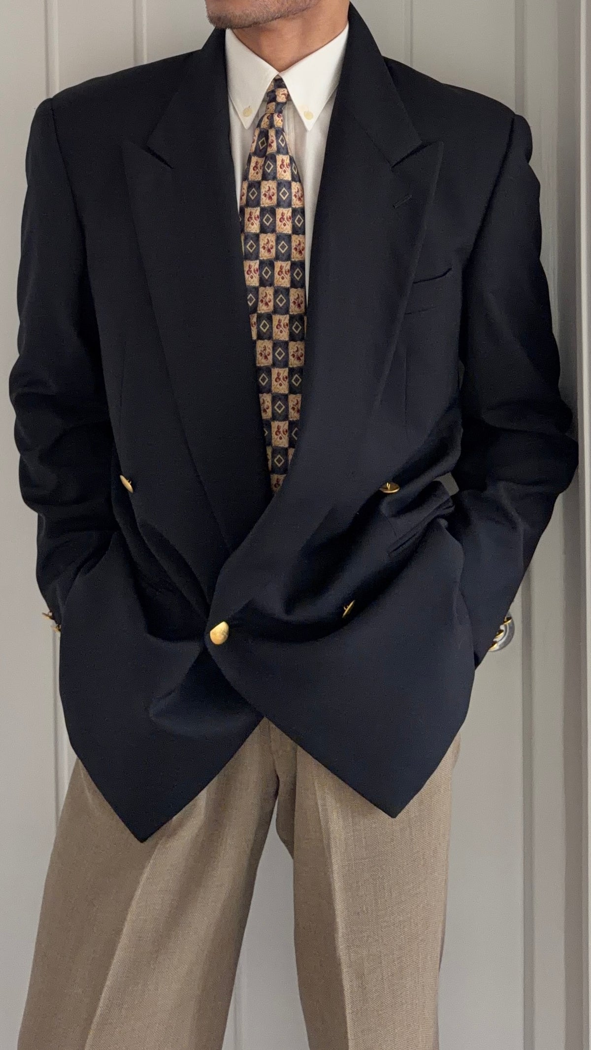 Giorgio Armani 1980s Peaked Lapel Double Breasted Metal Button Wool Sport Jacket Blazer Navy  - Size L