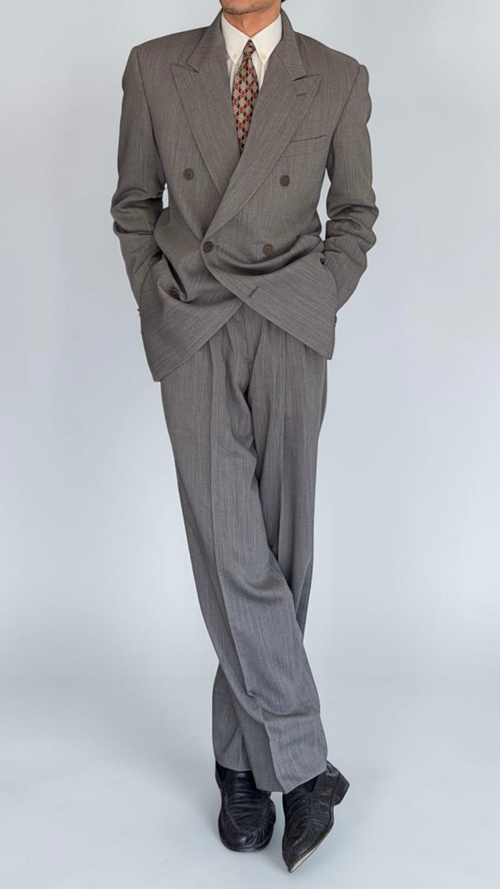 Giorgio Armani 1980s Peaked Lapel Double Breasted Herringbone Wool Grey Suit - Size M Jacket / 32" Waist