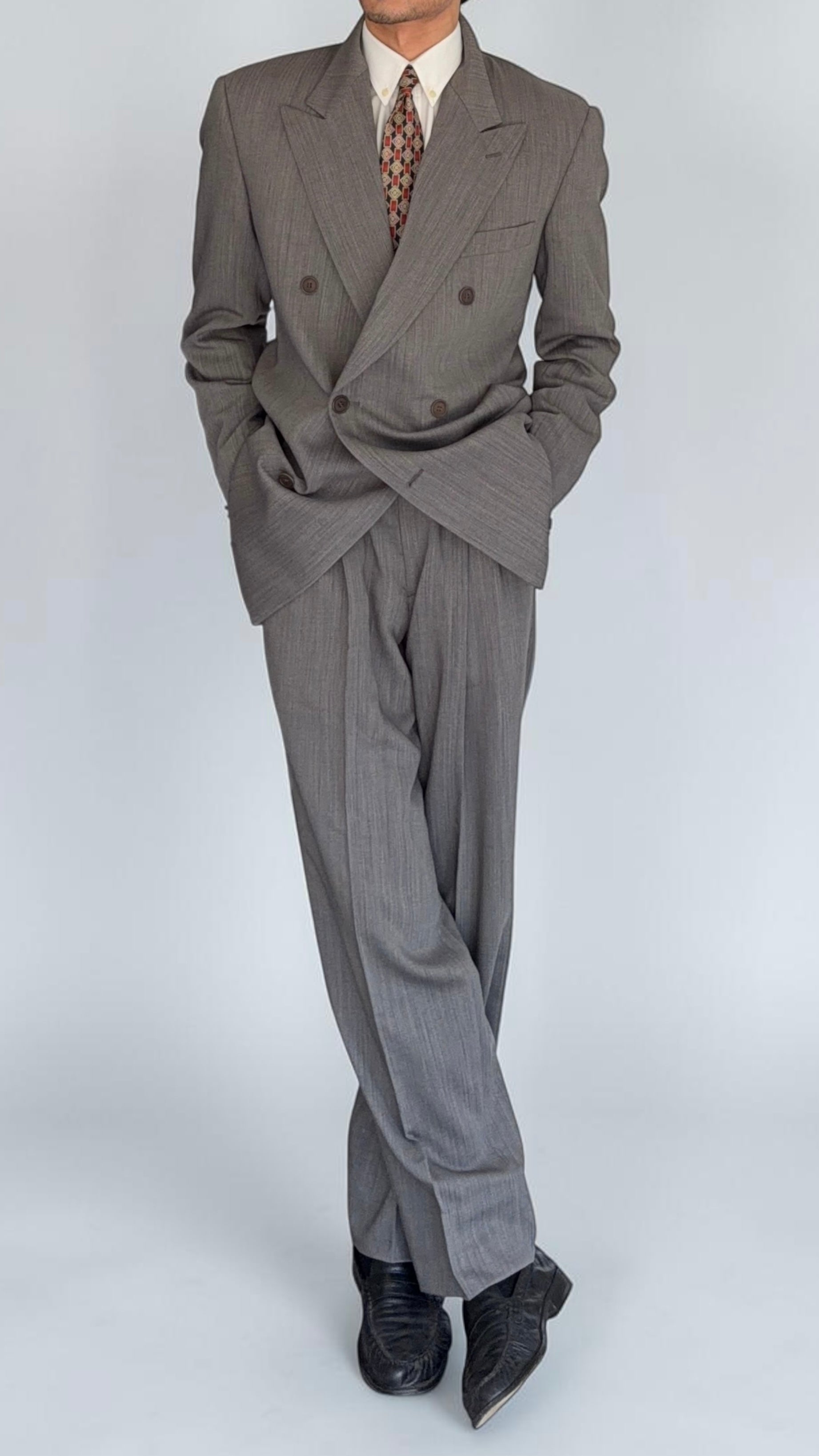 Giorgio Armani 1980s Peaked Lapel Double Breasted Herringbone Wool Grey Suit - Size M Jacket / 32" Waist