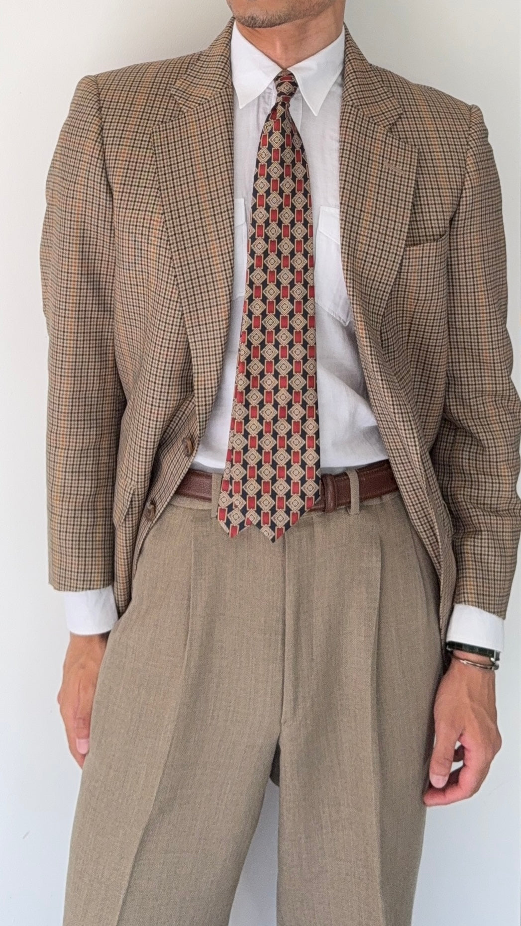 Burberry 1990s 2B Wool Multi-Pattern Tan Sports Jacket Blazer - Size S