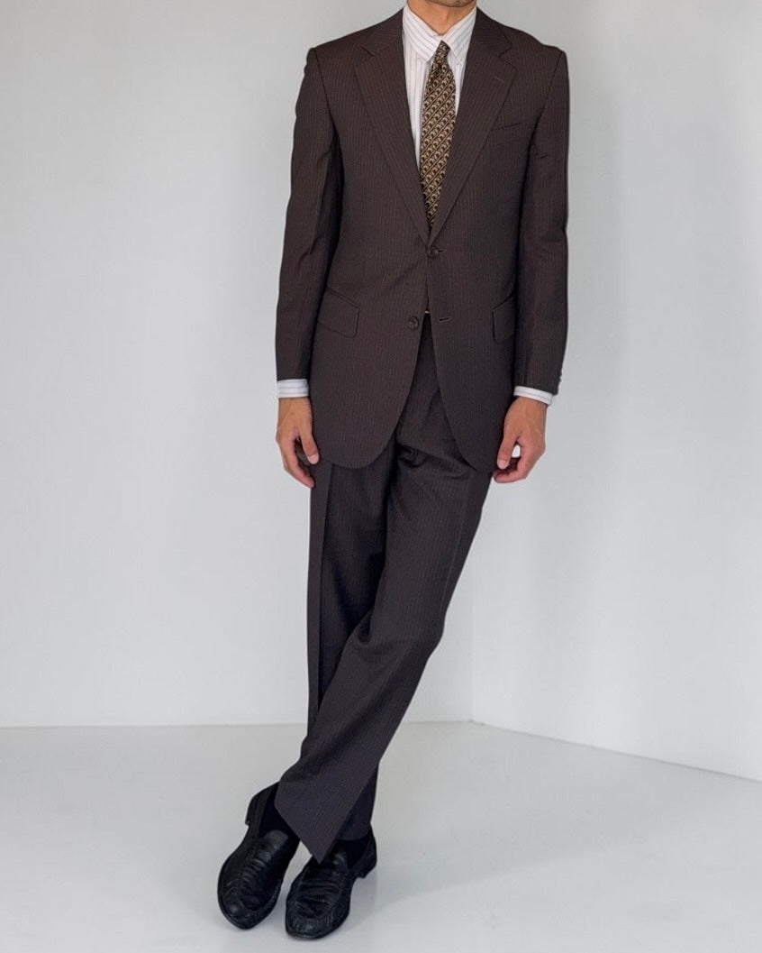 Burberry 1990s 2B Striped Wool Double-Pleat Espresso Grey Suit - Size M Jacket / 33" Waist