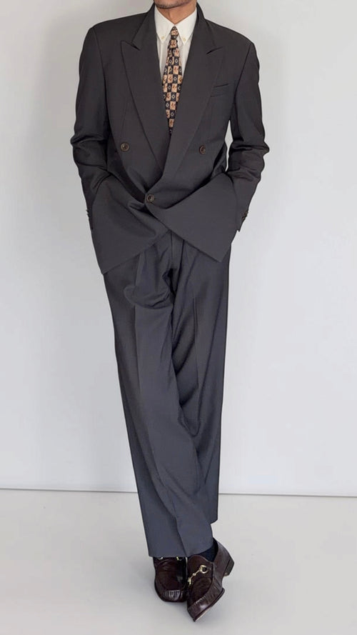 Armani 1990s Peaked Lapel Double Breasted Pleated Wool Suit Grey - Size L Jacket / 34" Waist