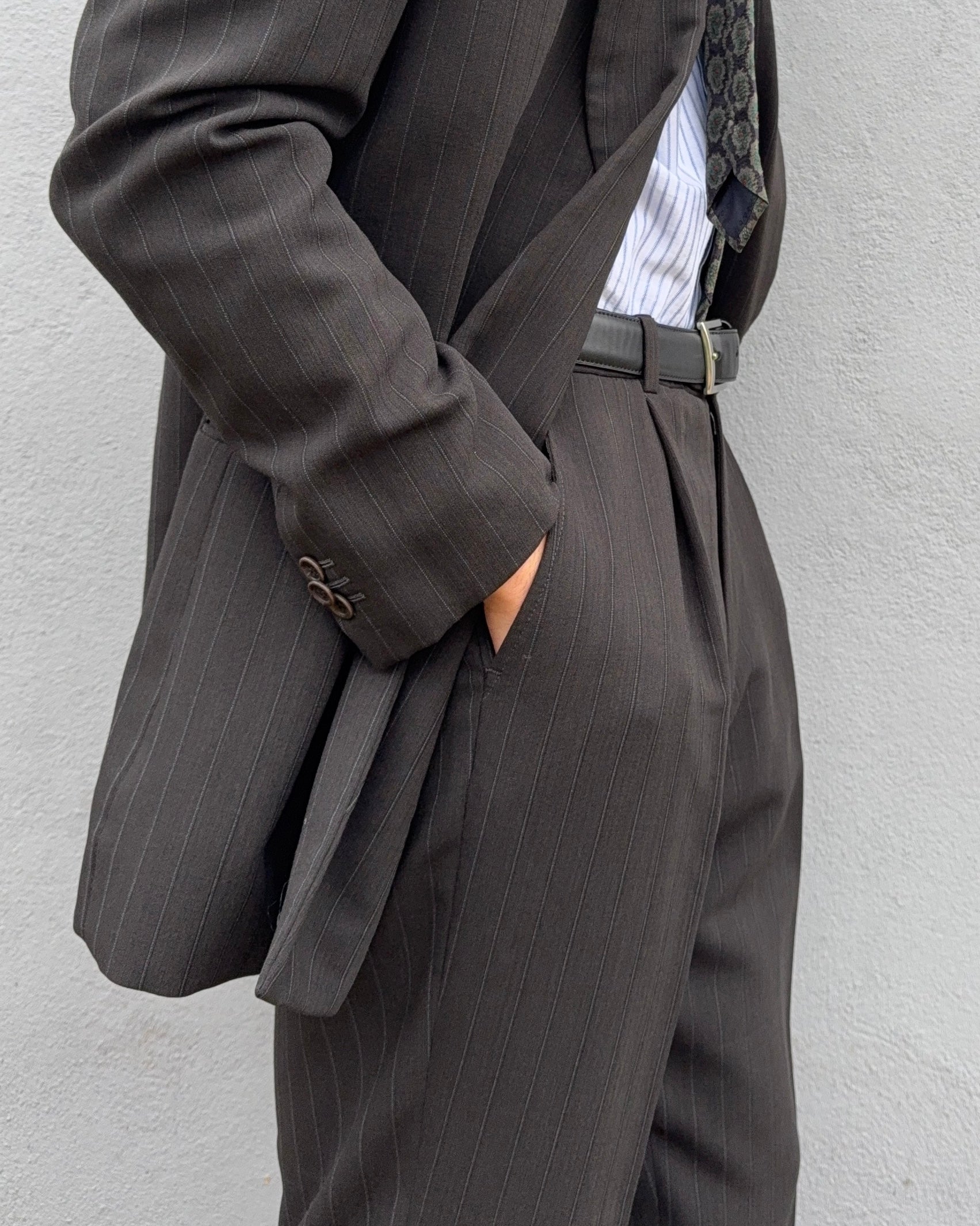 Armani 1990s Double Breasted Pleated Wool Striped Suit - Size M Jacket / 32" Waist