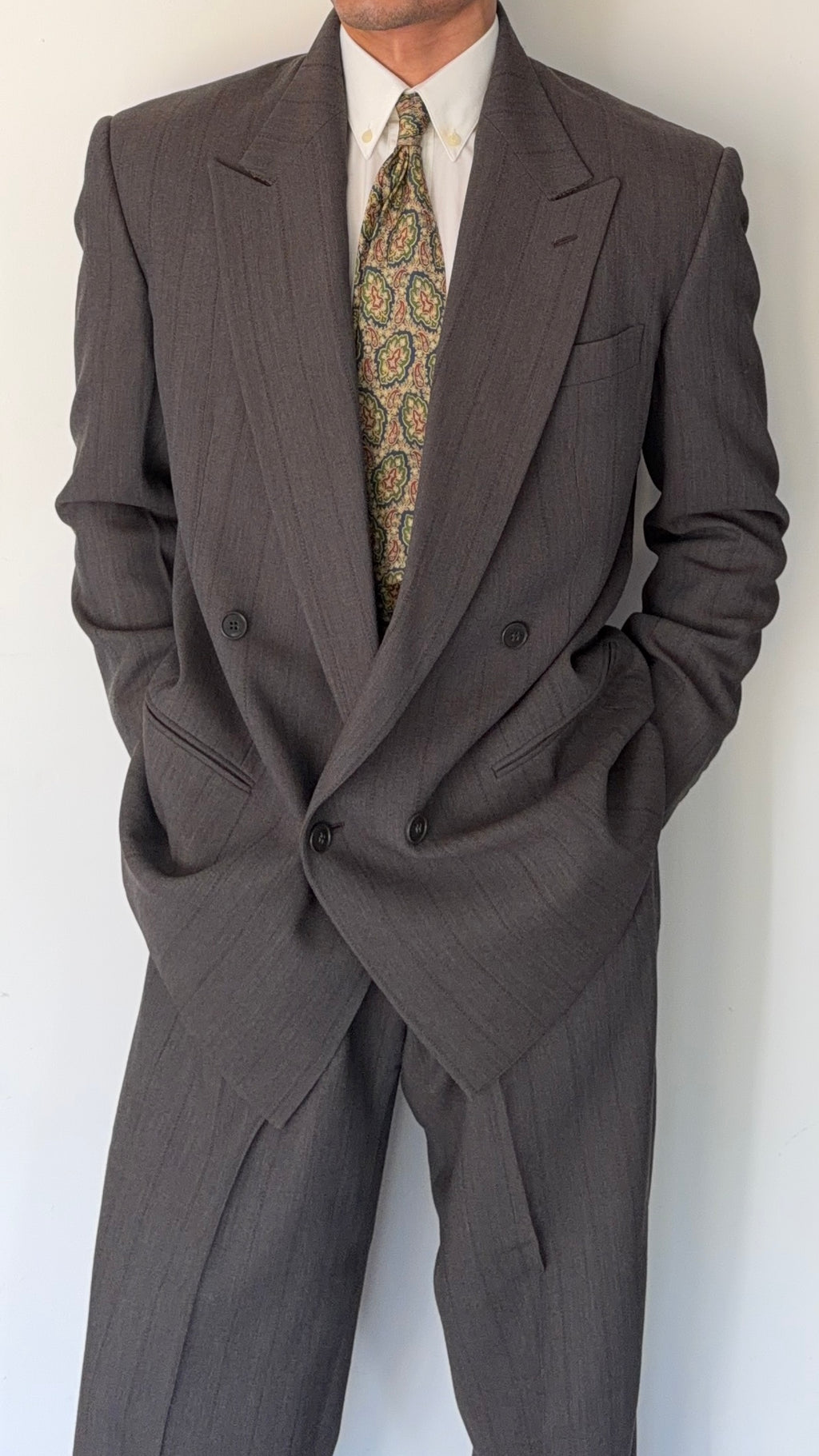 Giorgio Armani 1980s Peaked Lapel Double Breasted Textured Wool Pleated Suit - Size L Jacket / 36" Waist