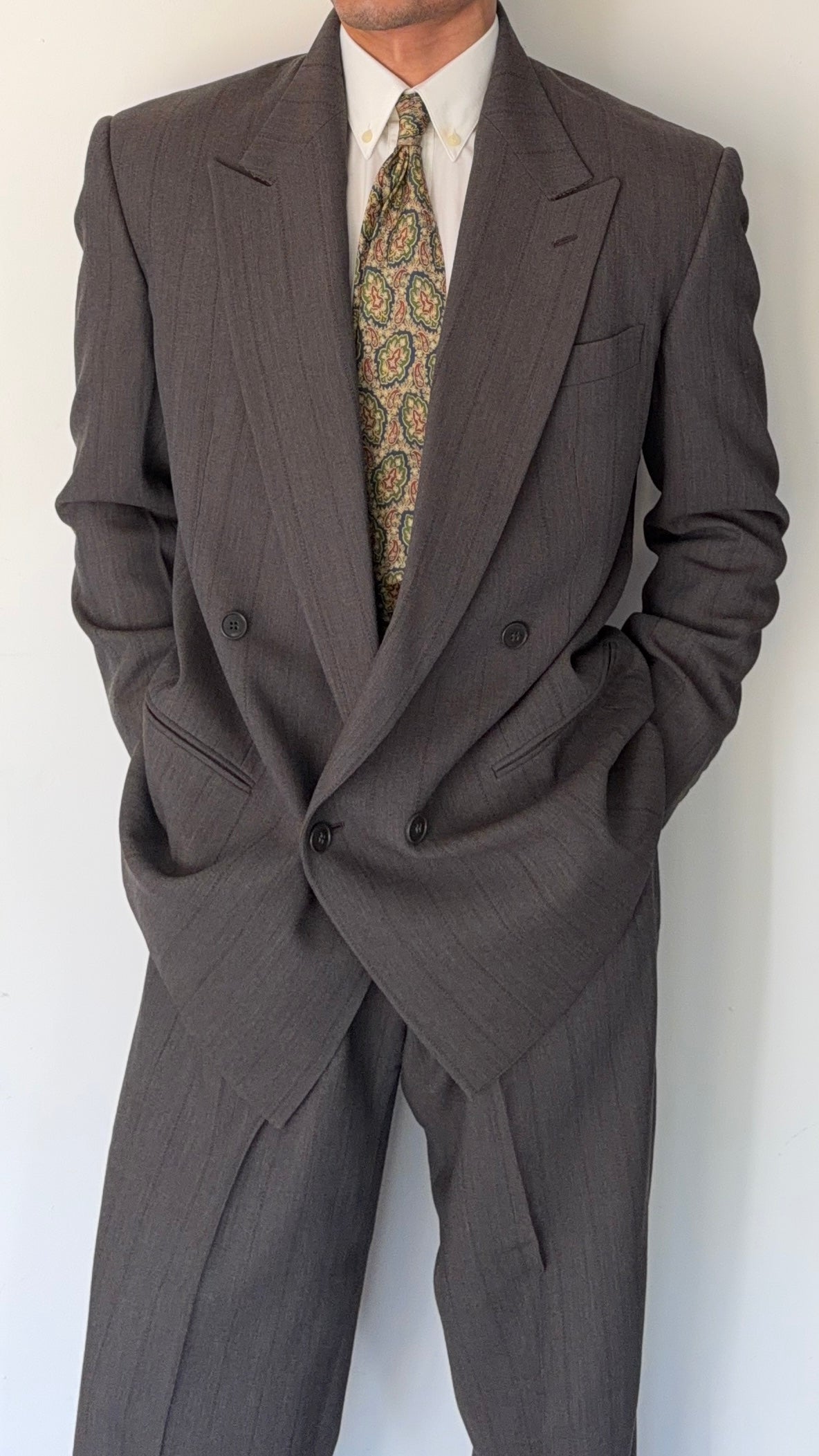 Giorgio Armani 1980s Peaked Lapel Double Breasted Textured Wool Pleated Suit - Size L Jacket / 36" Waist