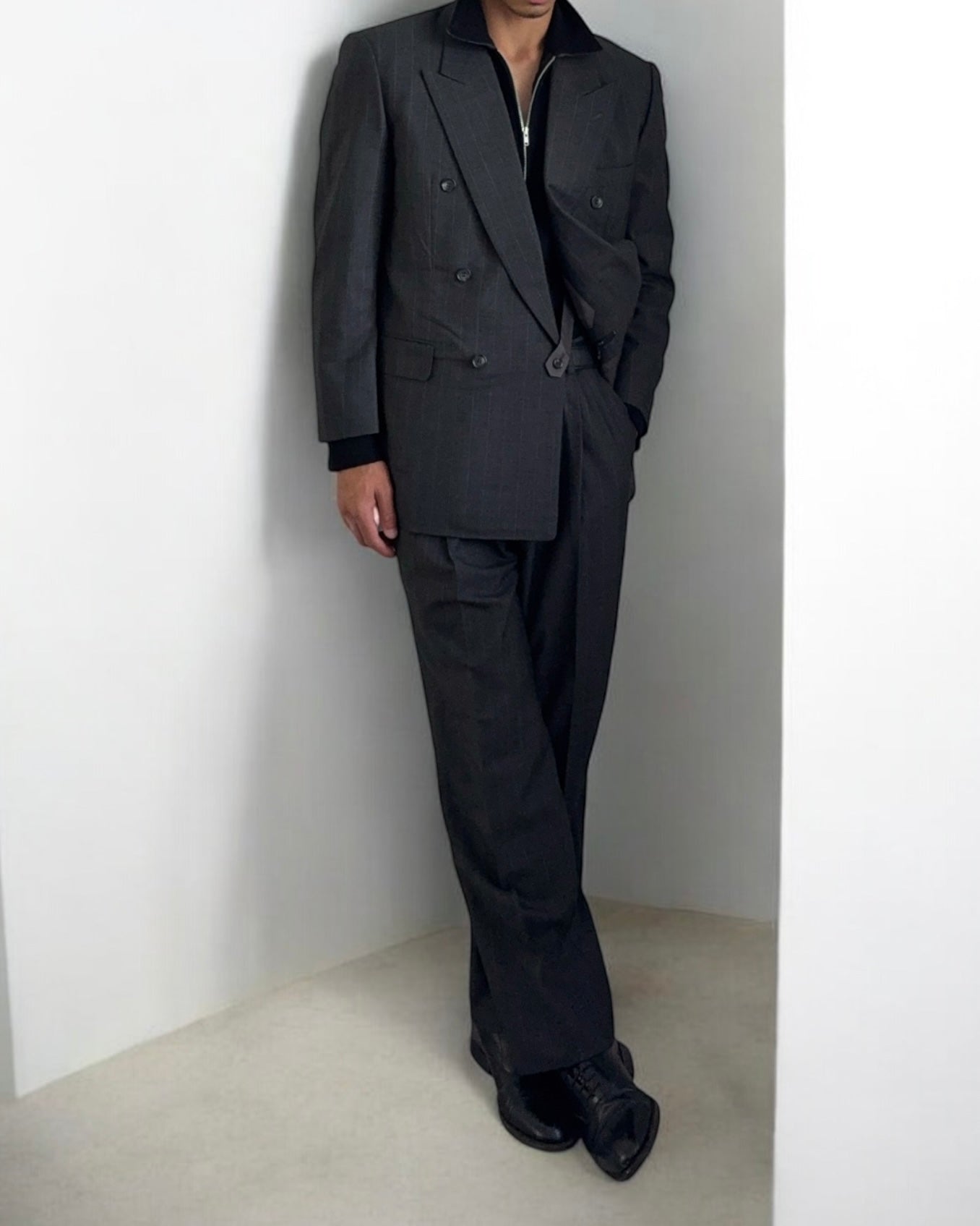 Yves Saint Laurent 1990s Double-Breasted Pleated Striped Grey Wool Suit - Size L Jacket / 32" Waist