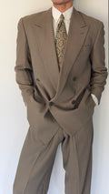 Giorgio Armani 1980s Taupe Green Peaked Lapel Double Breasted Pleated Wool Suit - Size S Jacket / 28" Waist