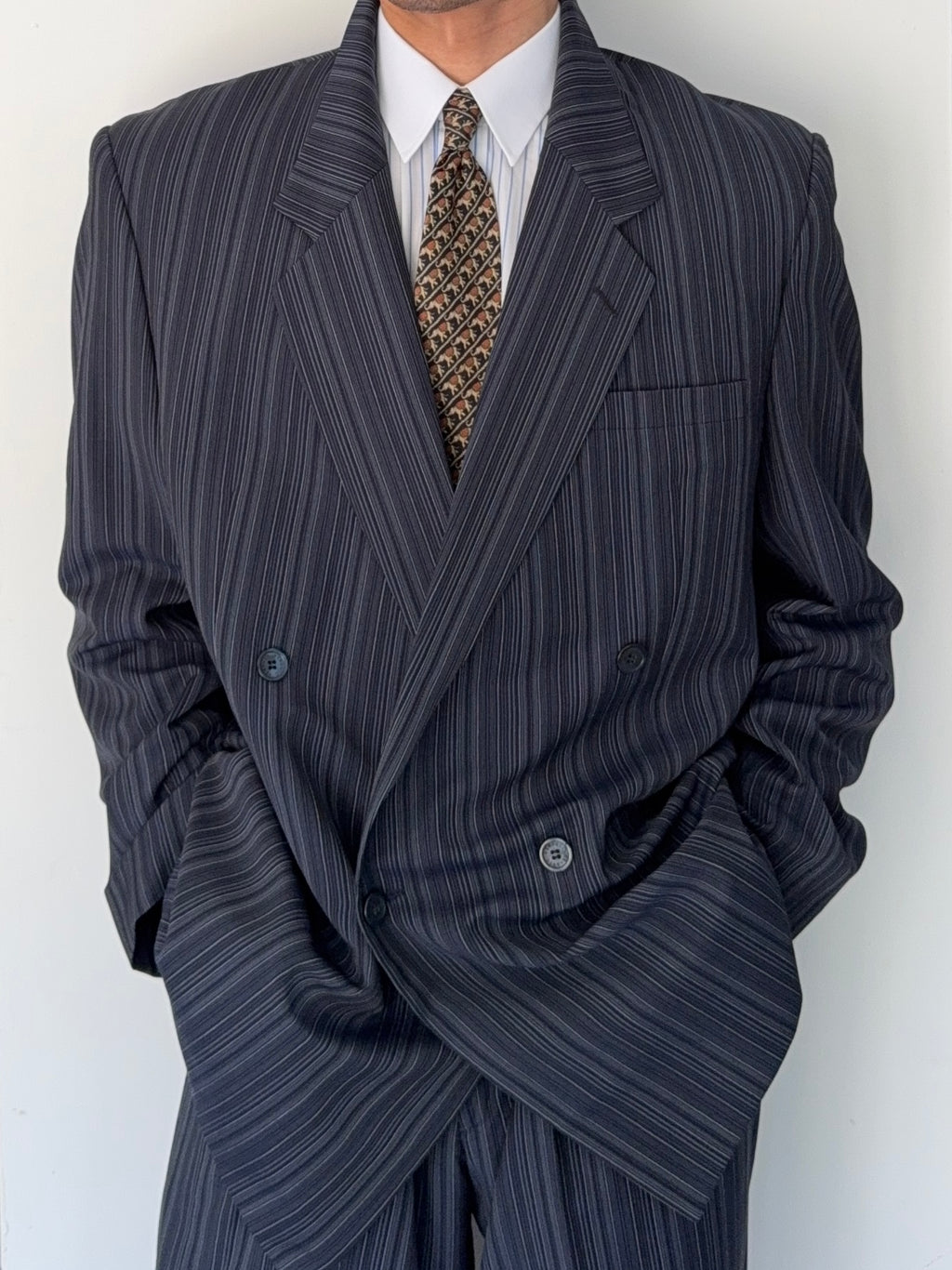 Versace 1980s Notch Lapel Double Breasted Wool Mohair Pleated Striped Suit - Size XXL Jacket / 38" Waist