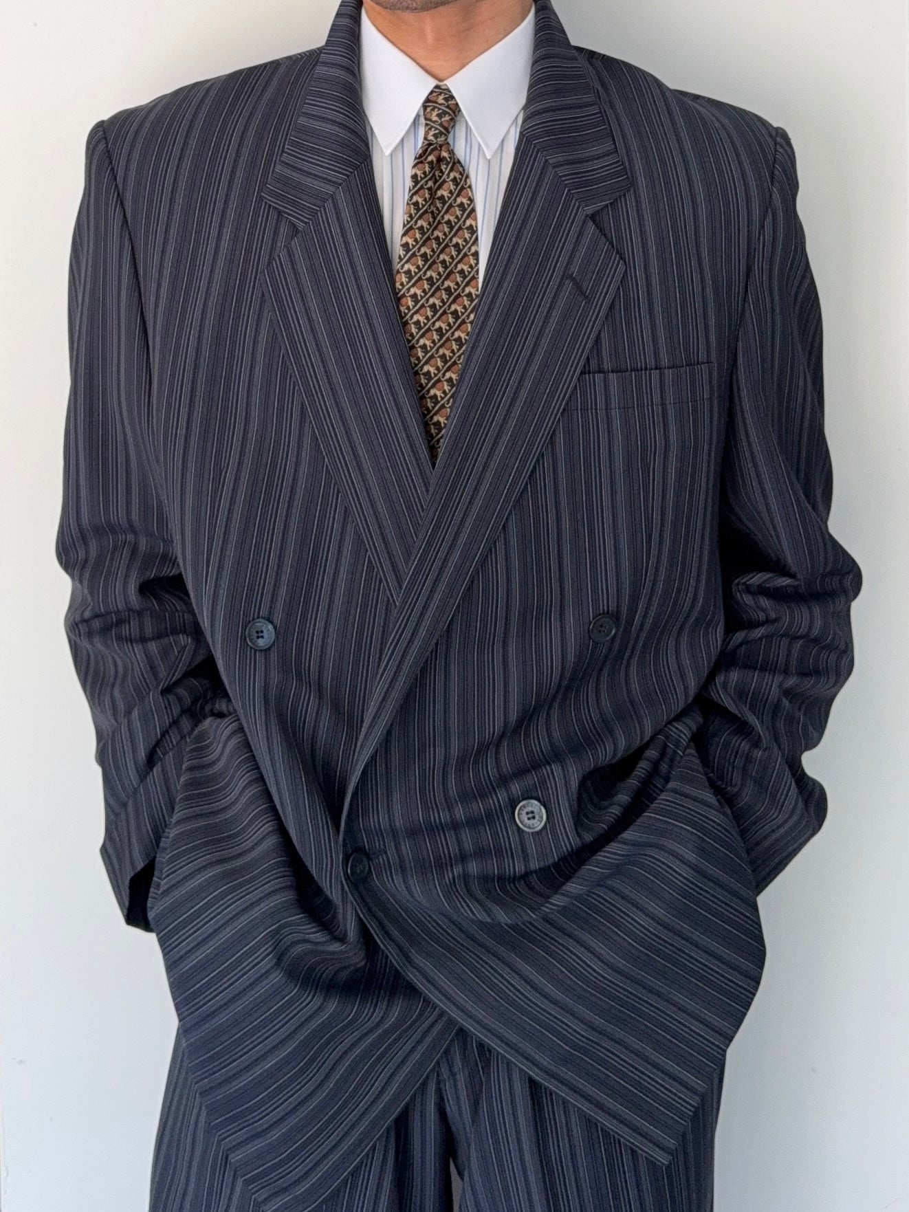 Versace 1980s Notch Lapel Double Breasted Wool Mohair Pleated Striped Suit - Size XXL Jacket / 38" Waist