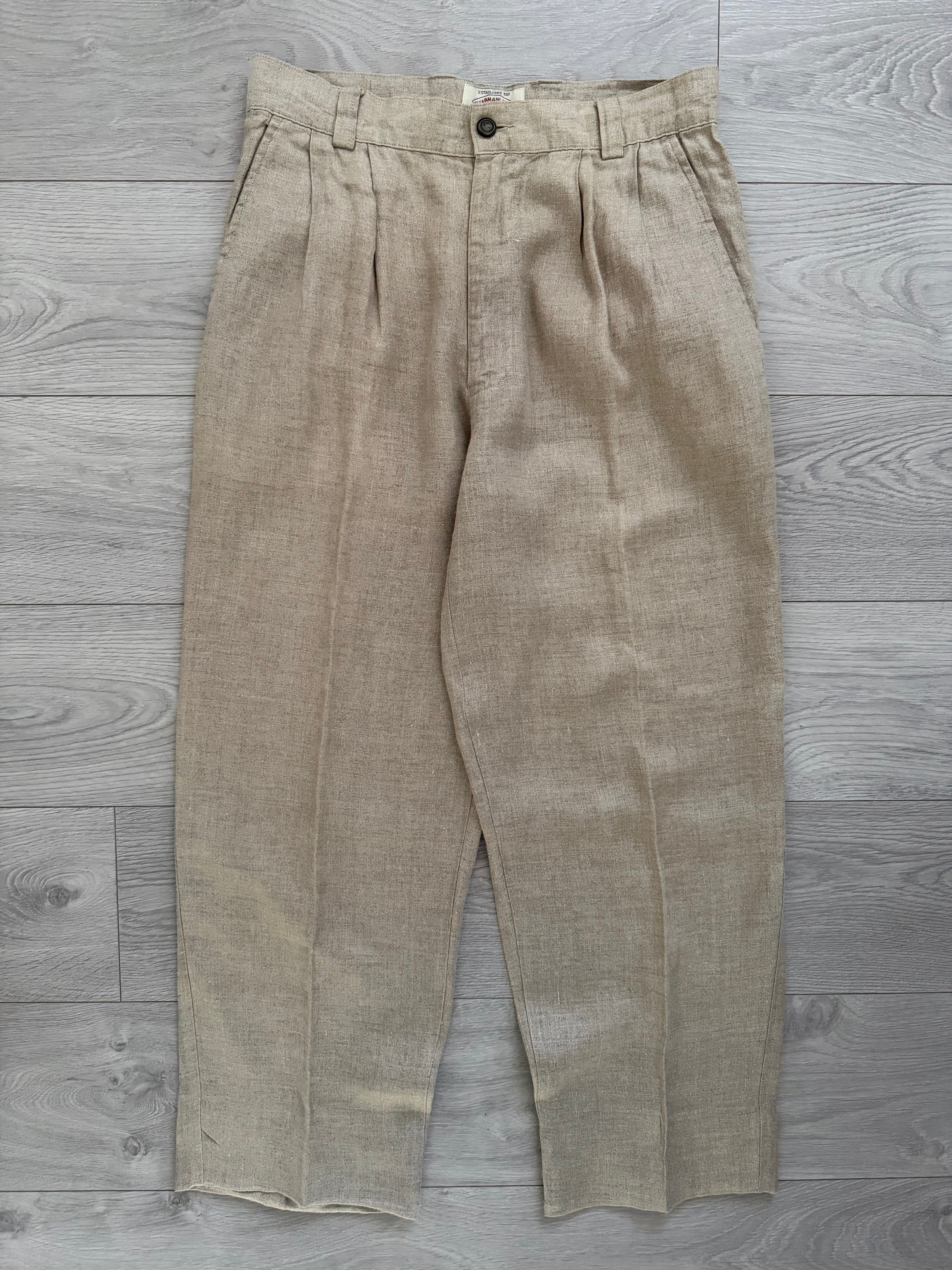 Armani 1990s Triple Pleat Beige Linen Pants - Size 34" Waist