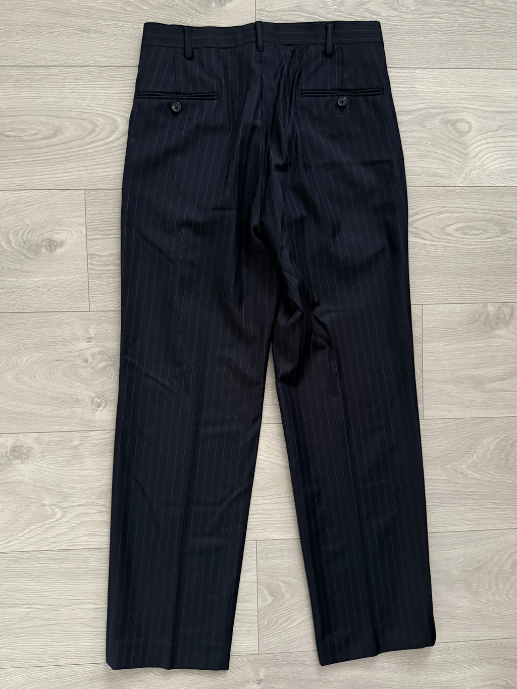 Yves Saint Laurent 1990s Double Breasted Pleated Striped Wool Navy Suit - Size M Jacket / 30" Waist