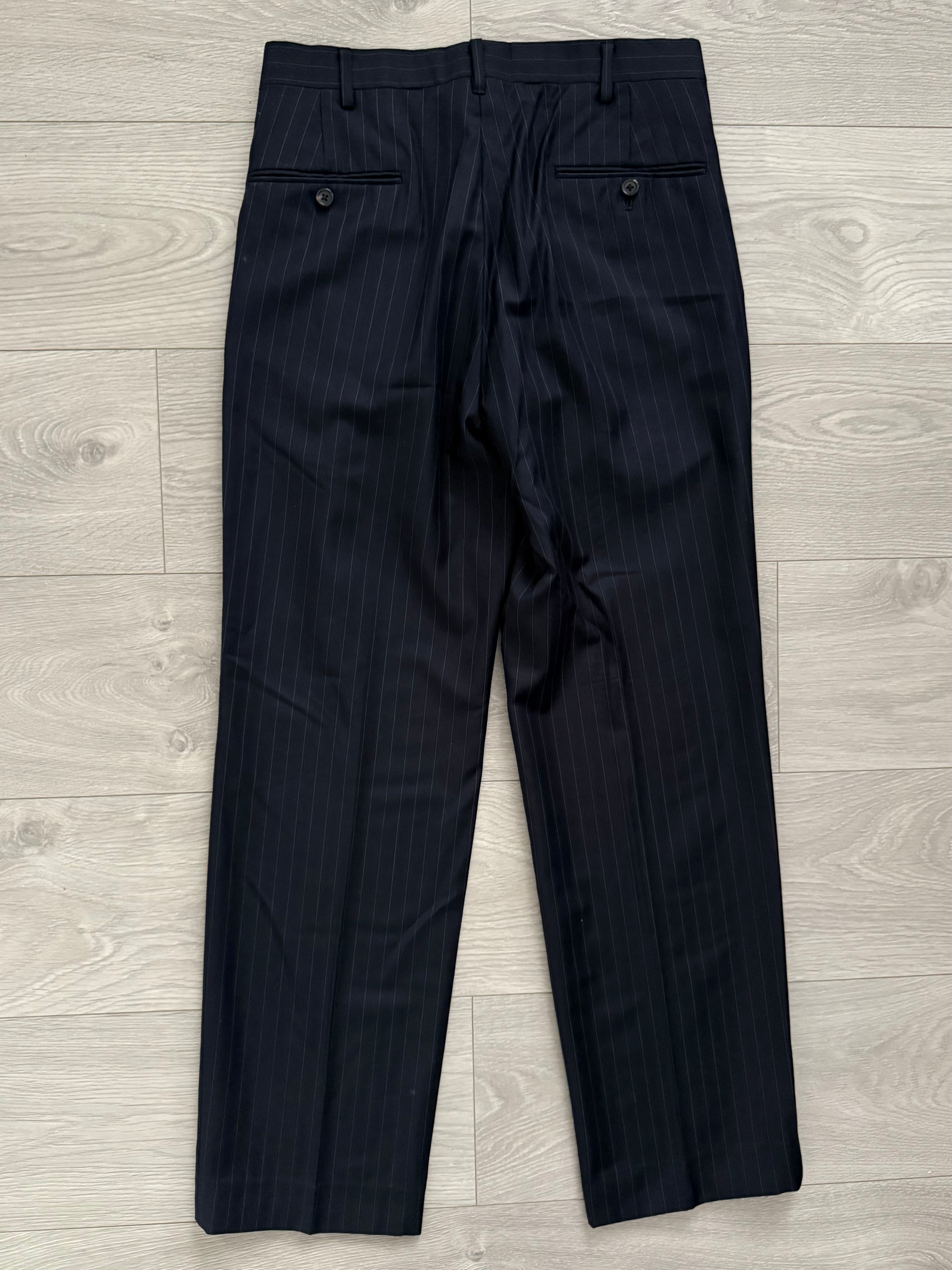 Yves Saint Laurent 1990s Double Breasted Pleated Striped Wool Navy Suit - Size M Jacket / 30" Waist