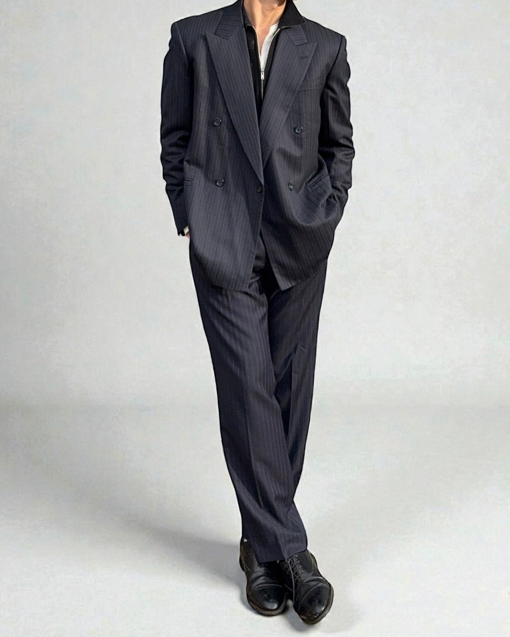 Yves Saint Laurent 1990s Double Breasted Pleated Striped Wool Navy Suit - Size M Jacket / 30" Waist