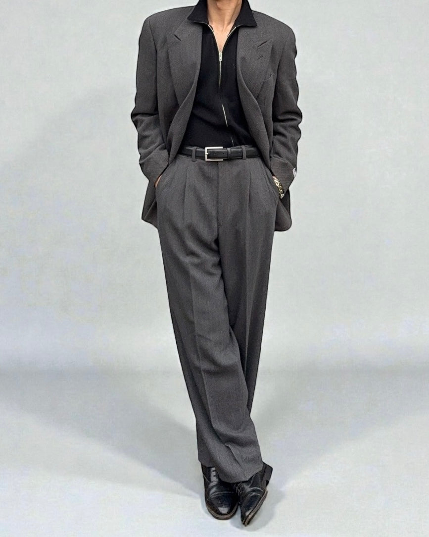 Giorgio Armani 1980s Double Breasted Pleated Wool Suit Grey New - Size L Jacket / 32" Waist