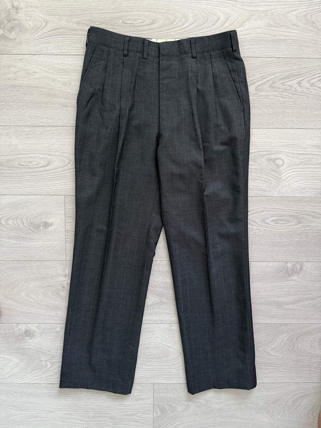 Yves Saint Laurent 1990s Double-Breasted Pleated Striped Grey Wool Suit - Size L Jacket / 32" Waist