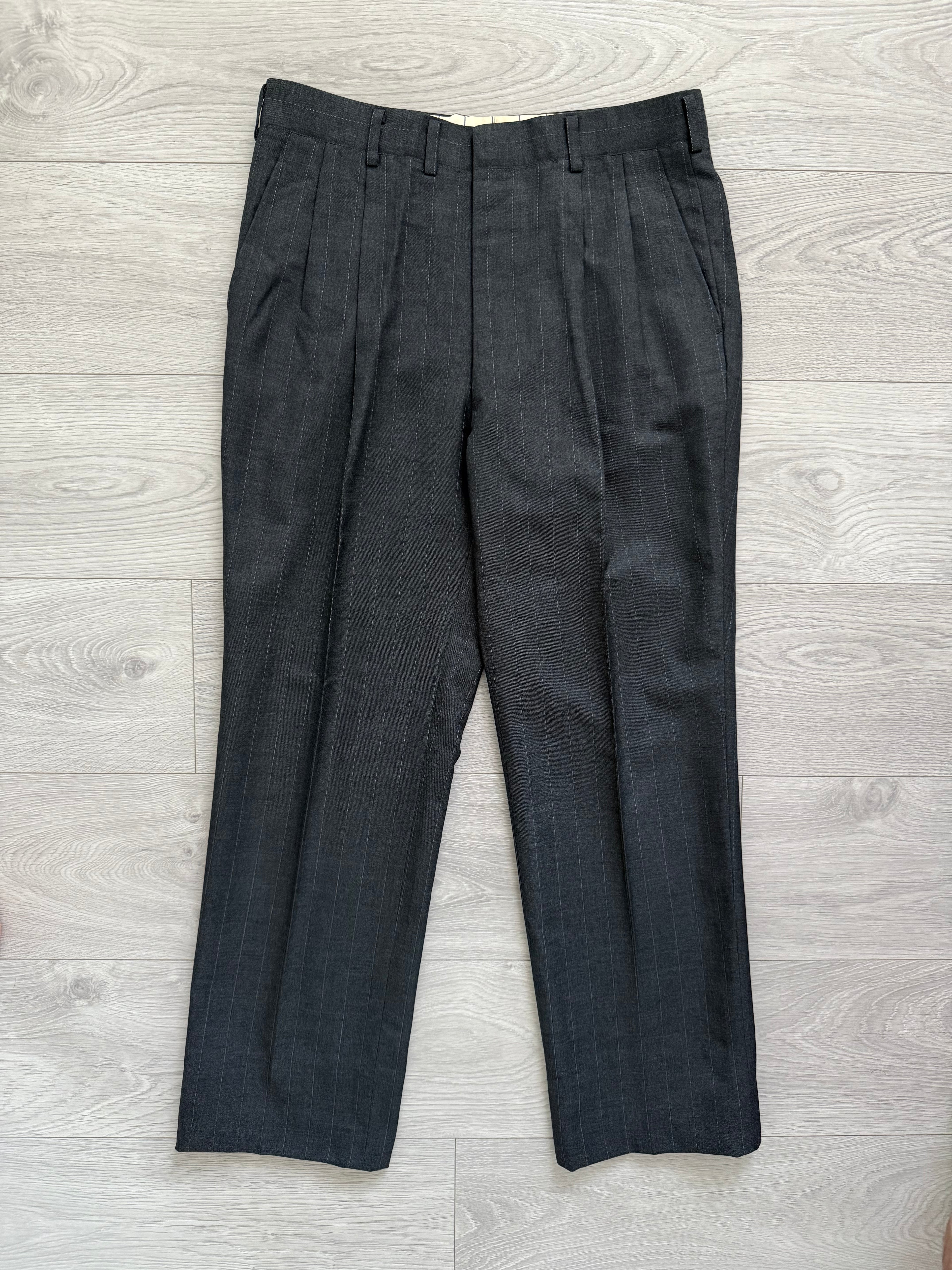 Yves Saint Laurent 1990s Double-Breasted Pleated Striped Grey Wool Suit - Size L Jacket / 32" Waist